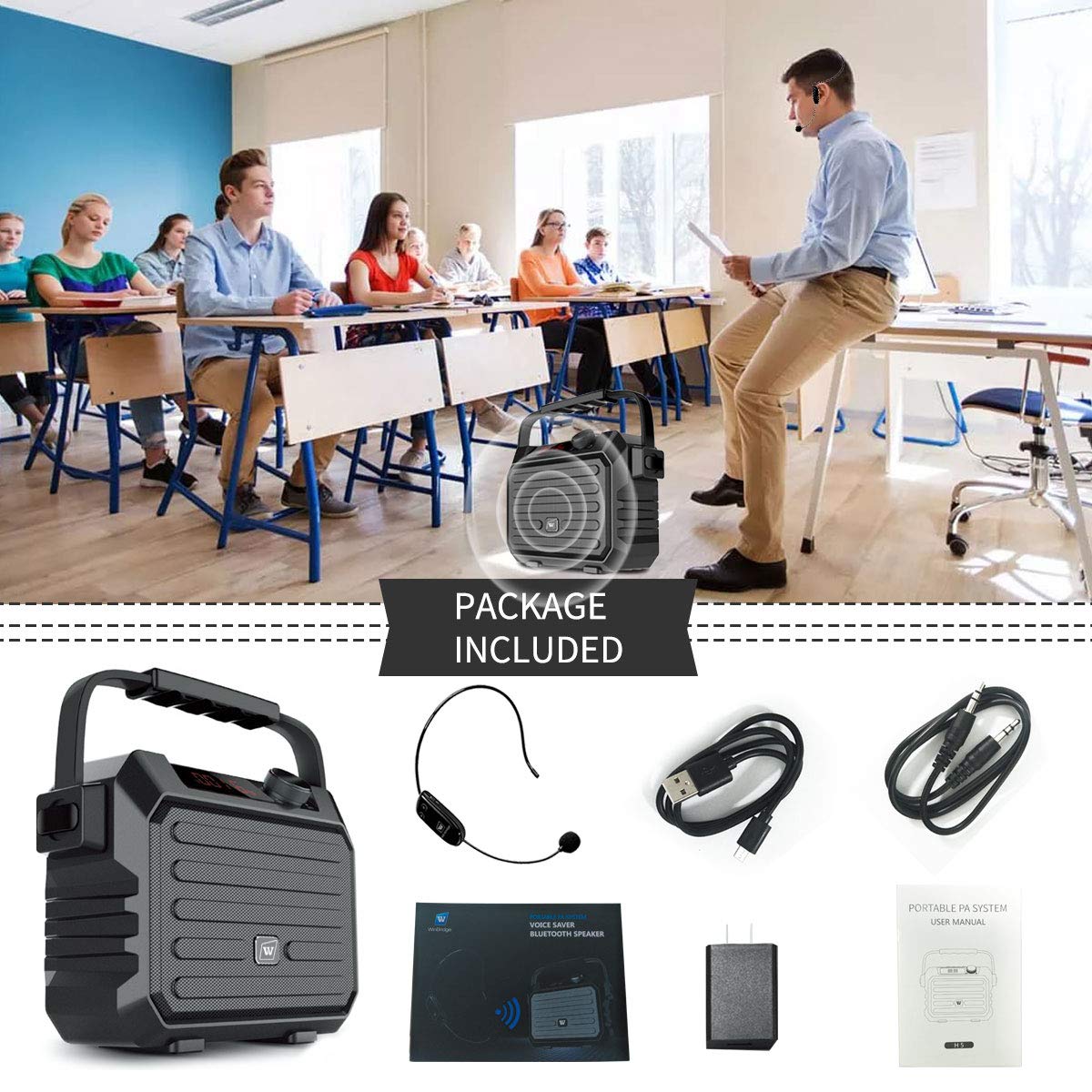 WinBridge 30W Wireless Voice Amplifier with UHF Headset Mic & Bluetooth - Portable PA System for Teachers, Fitness Instructors, Public Speaking | Classroom, Outdoor Events, Presentations, Recording | TWS, FM, H5 Compatible