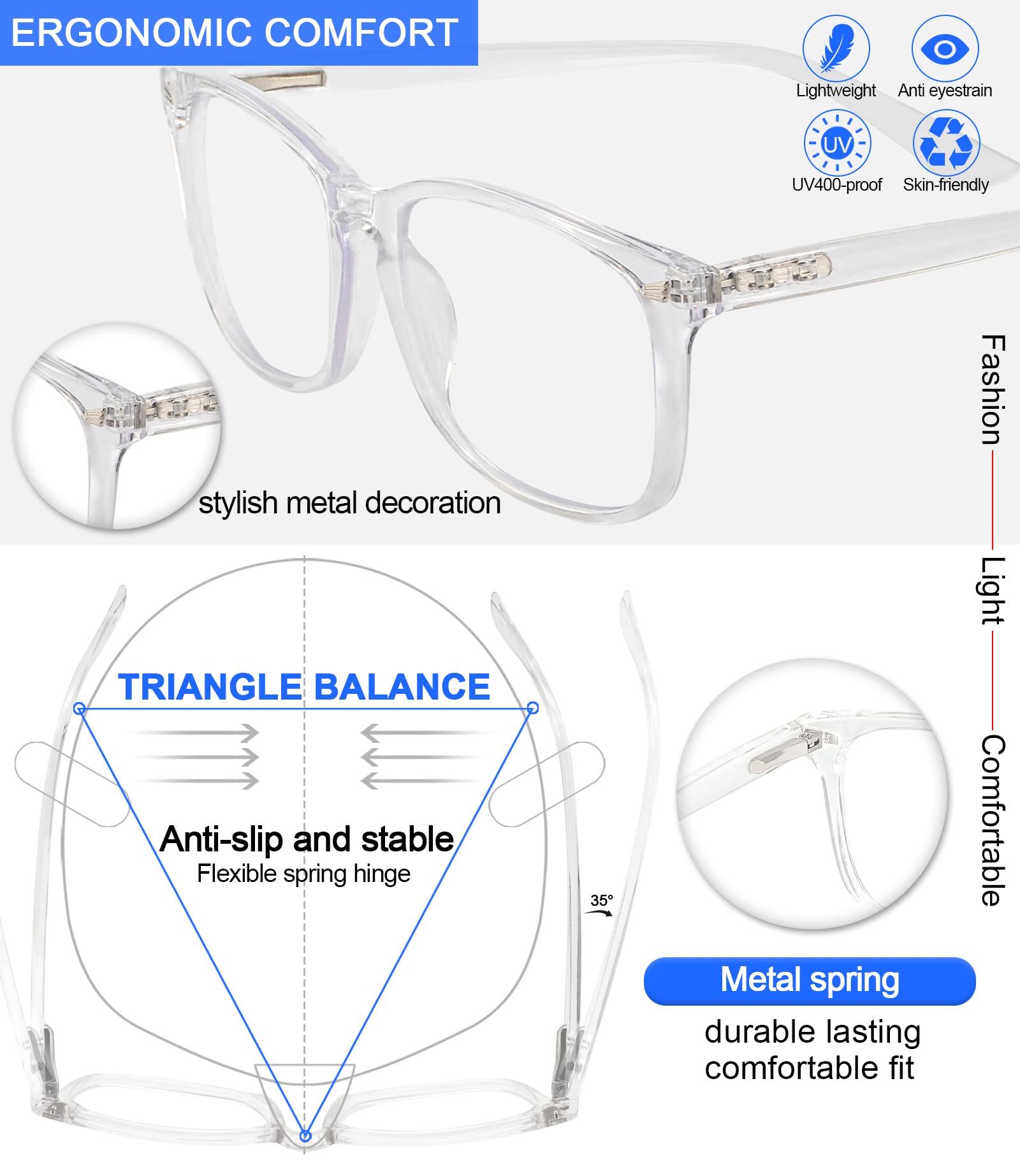 MARE AZZURO Blue Light Blocking Reading Glasses for Women - Anti Eyestrain Computer Glasses with Magnification 0 to 6.0 (Transparent Frame, 1.50 Strength) - Perfect for Office Work, Screen Time & Digital Eye Strain Relief