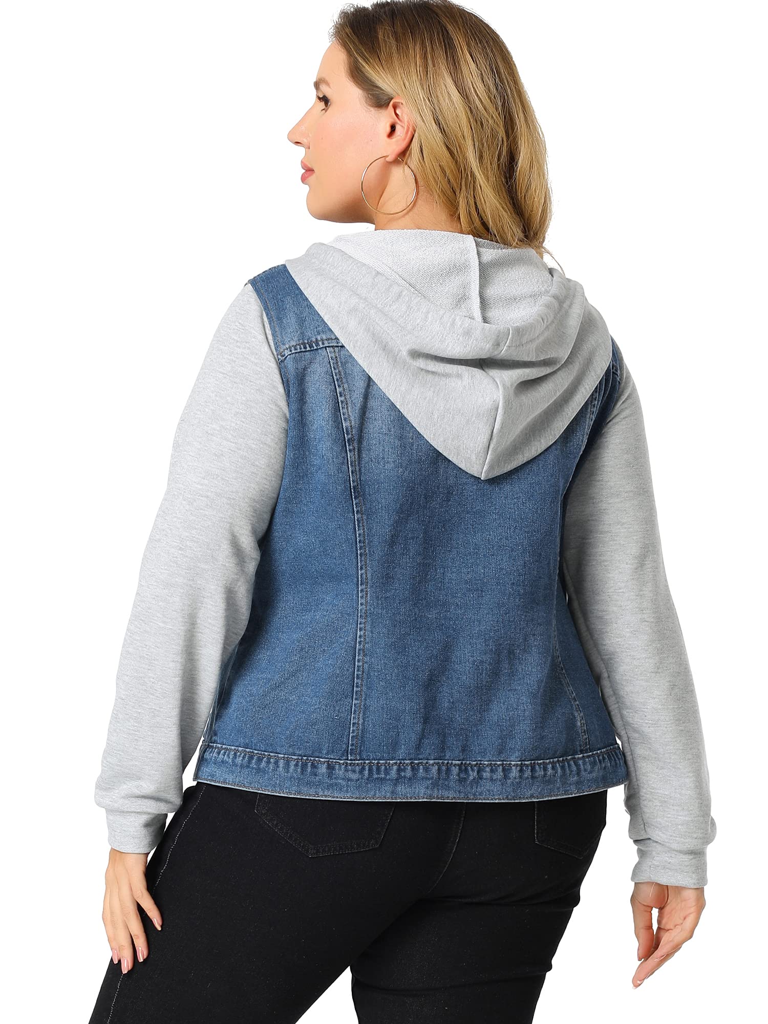 Agnes Orinda Women's Plus Size Denim Jacket - Layered Drawstring Hoodie with Pockets | Casual Outerwear for Street Style & Everyday Wear