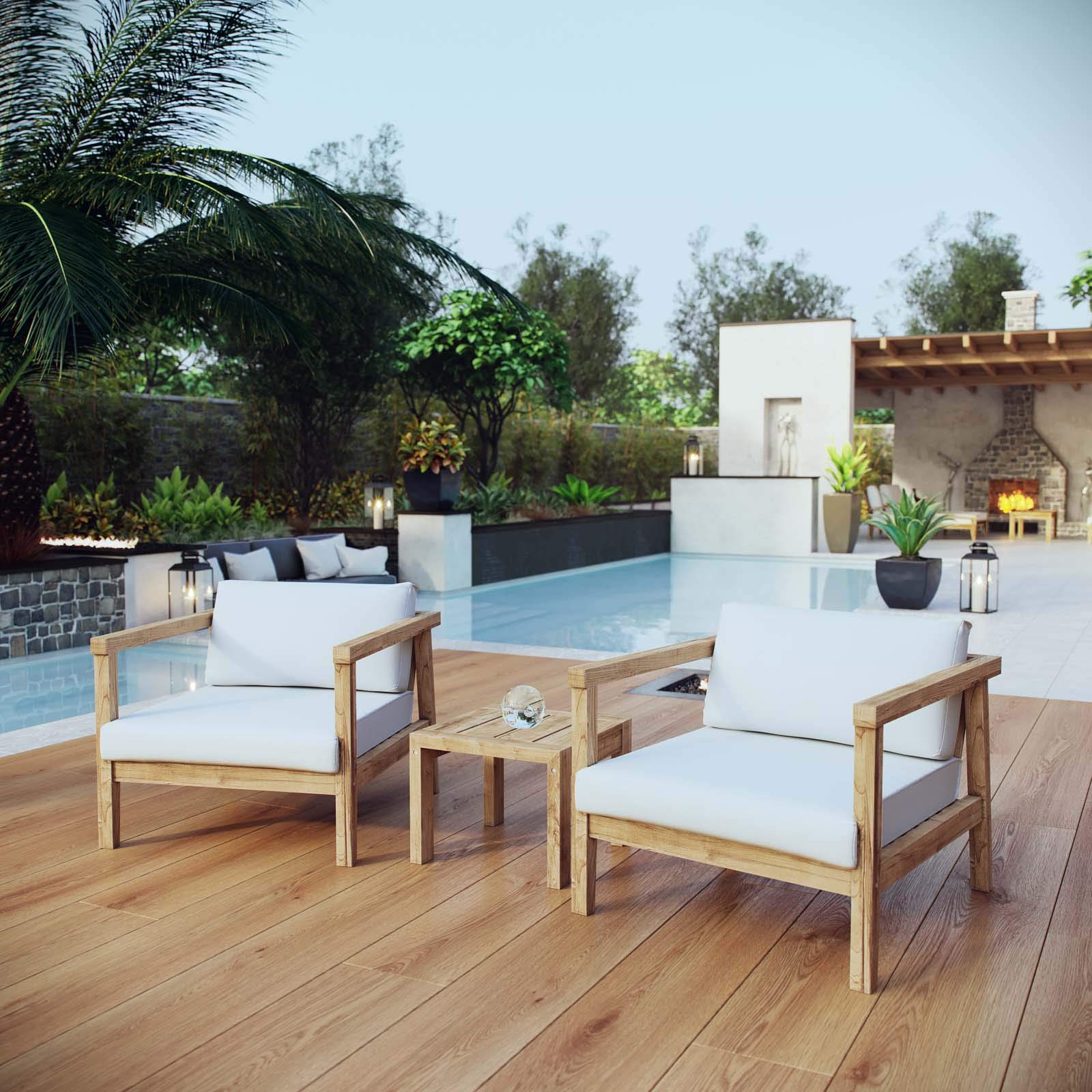 Modern Contemporary Outdoor Patio Balcony Lounge Chair and Side Table Set - Solid Wood, White & Natural Finish - Perfect for Poolside Relaxation, Garden Lounging, and Backyard Decor