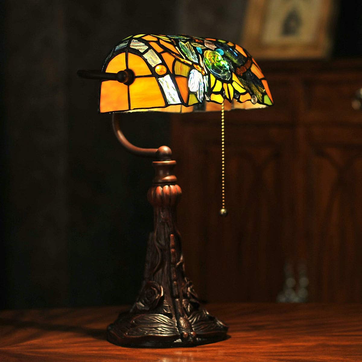 Tiffany Style Stained Glass Table Lamp with Dragonfly Design - 15.5