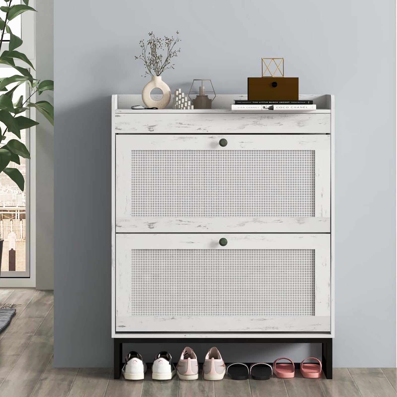 White Rattan Shoe Storage Cabinet with 2 Flip Drawers & Metal Legs - Narrow Entryway Shoe Rack Organizer for Hallway, Closet & Bedroom Organization