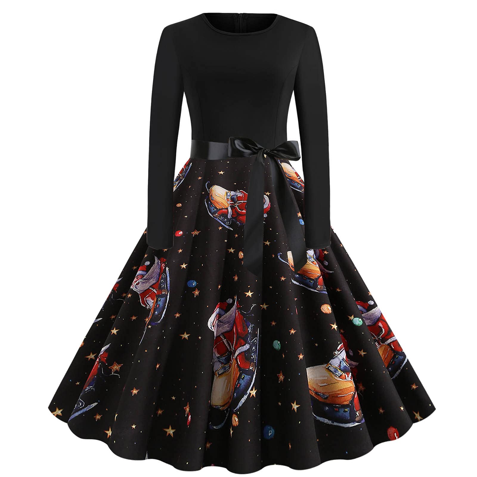 Women's Christmas Swing Skater Dress - A-Line Party Midi Dress with Long Sleeves & Boatneck for Holiday Cocktail Parties, Xmas Evening Events & Audrey-Inspired Occasions - Perfect for Office Holiday Parties, Christmas Dinners & New Year's Eve Celebrations