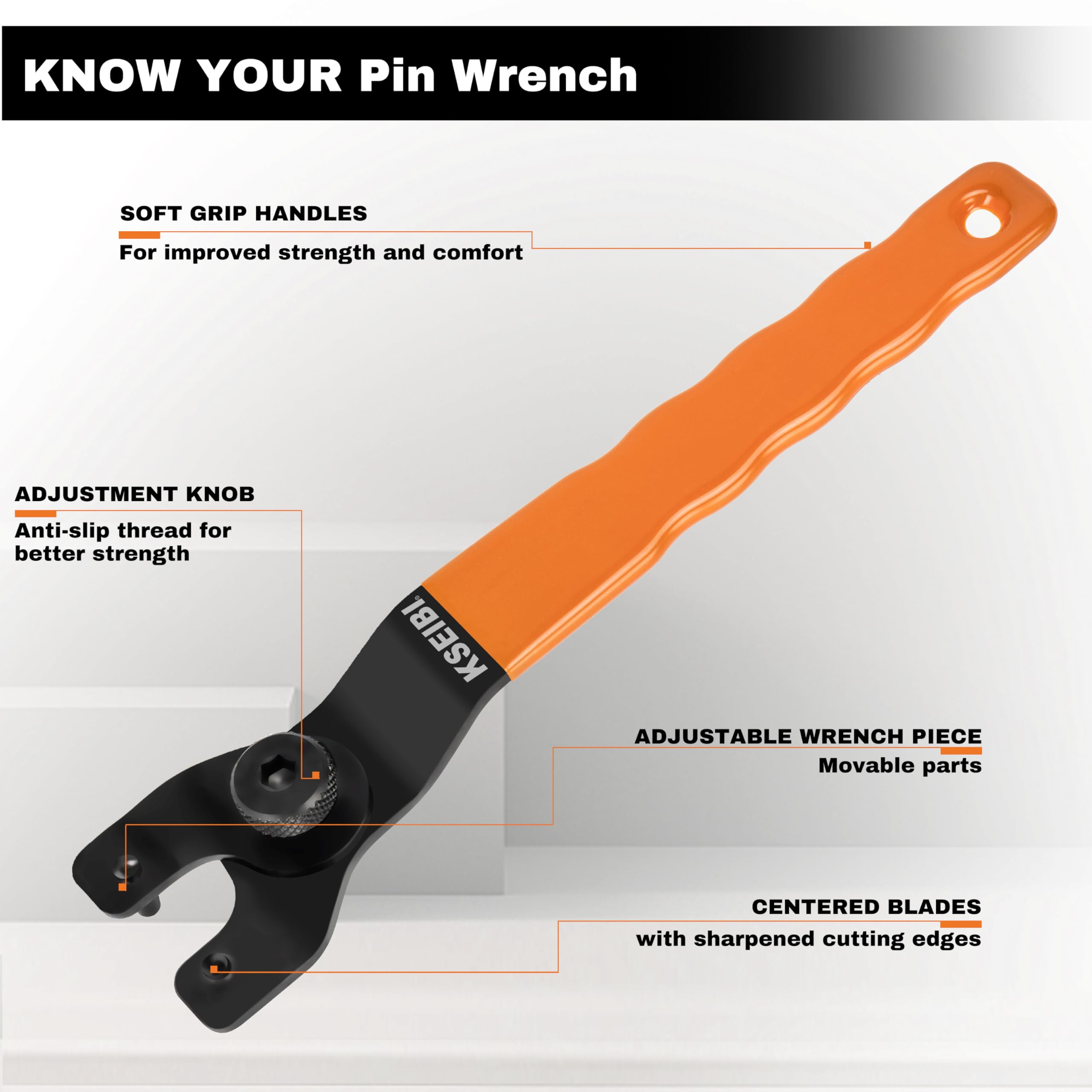 KSEIBI 689048 Universal Adjustable Pin Angle Grinder Wrench - Compatible with 4 to 9 Inch Flange Grinder Tools | Perfect for Metalworking, Woodworking & DIY Projects