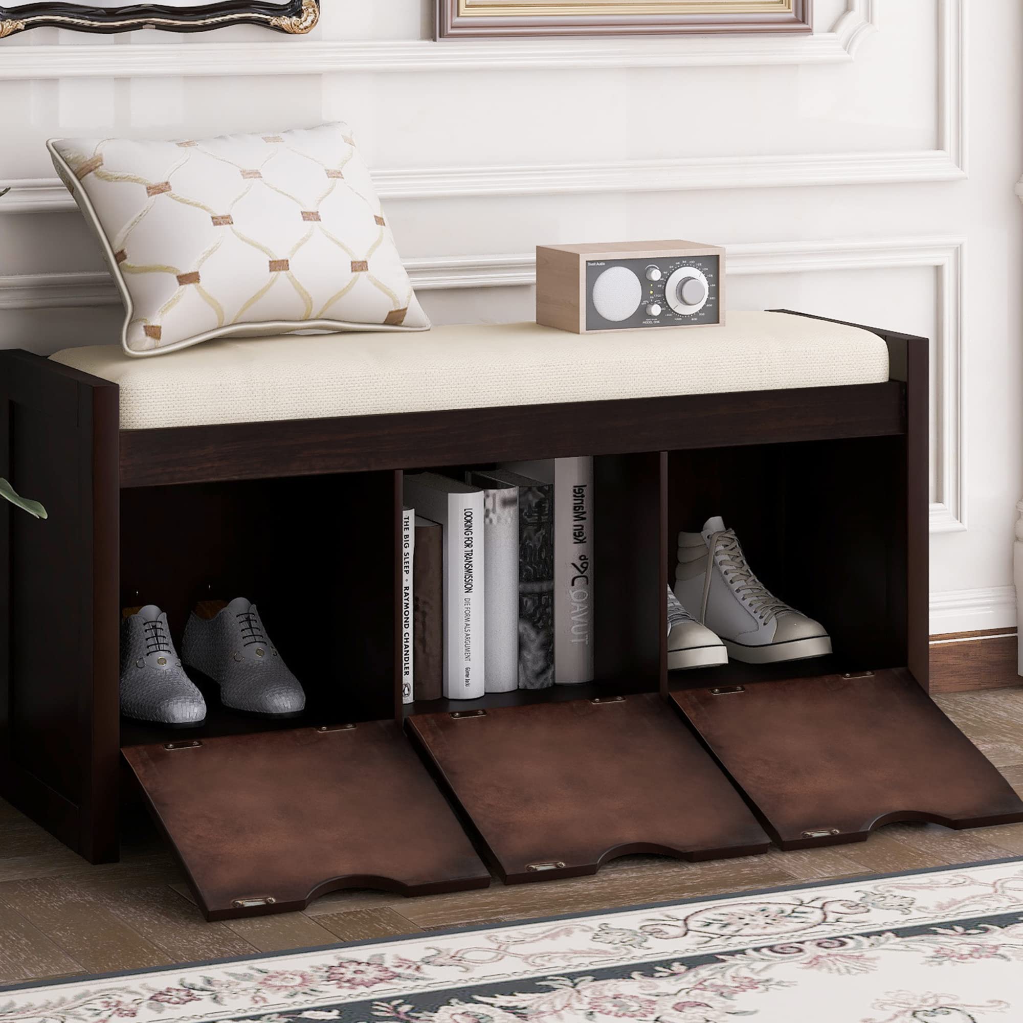 Shoe Storage Bench with Flip Lock Cubbies & Removable Cushion - Adjustable Feet Wooden Entryway Bench for Hallway, Bedroom, Living Room - Perfect for Organizing Shoes & Adding Seating Space in Small Homes