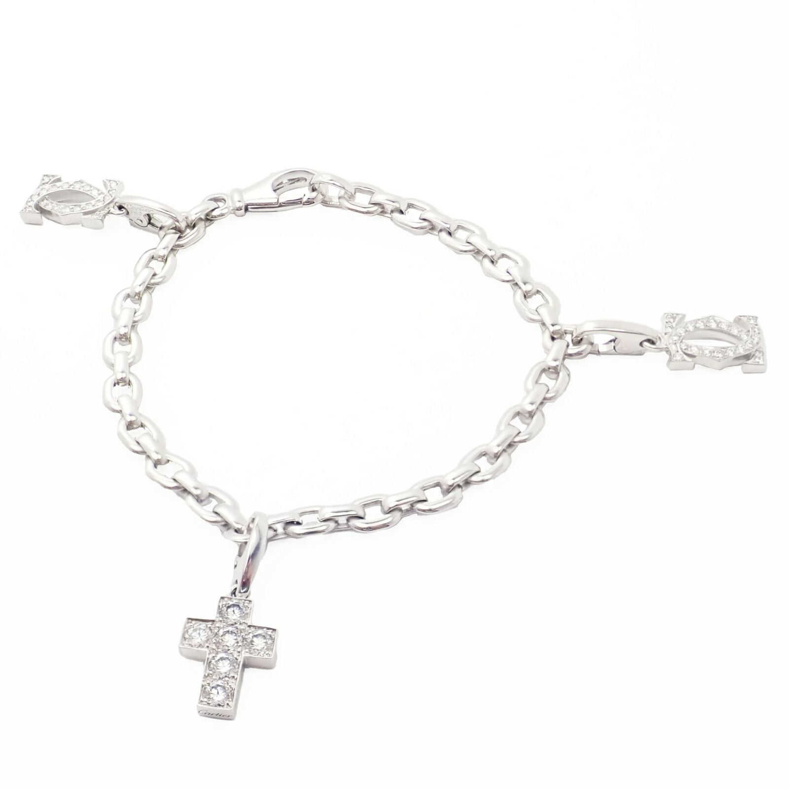 Authentic Cartier 18k White Gold 3 Charm Bracelet with Diamond Cross Double C's - Luxury Jewelry Gift for Women, Anniversary & Special Occasions