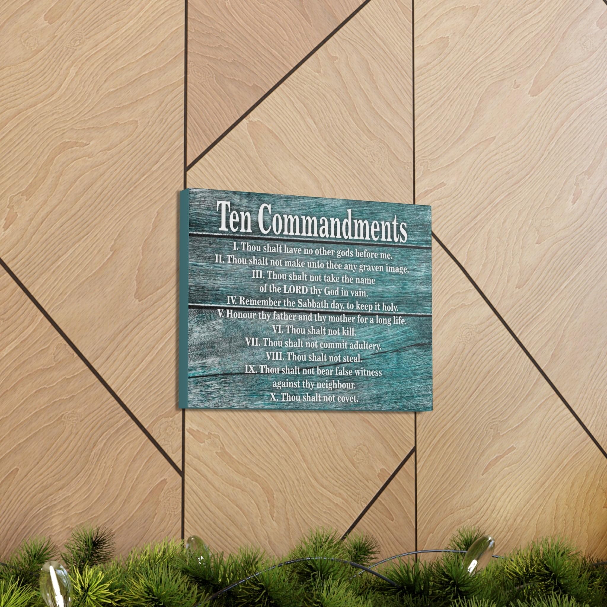 Christian Wall Art - Blue Wood Ten Commandments Bible Print - Ready to Hang Scripture Home Decor for Church, Living Room & Bedroom