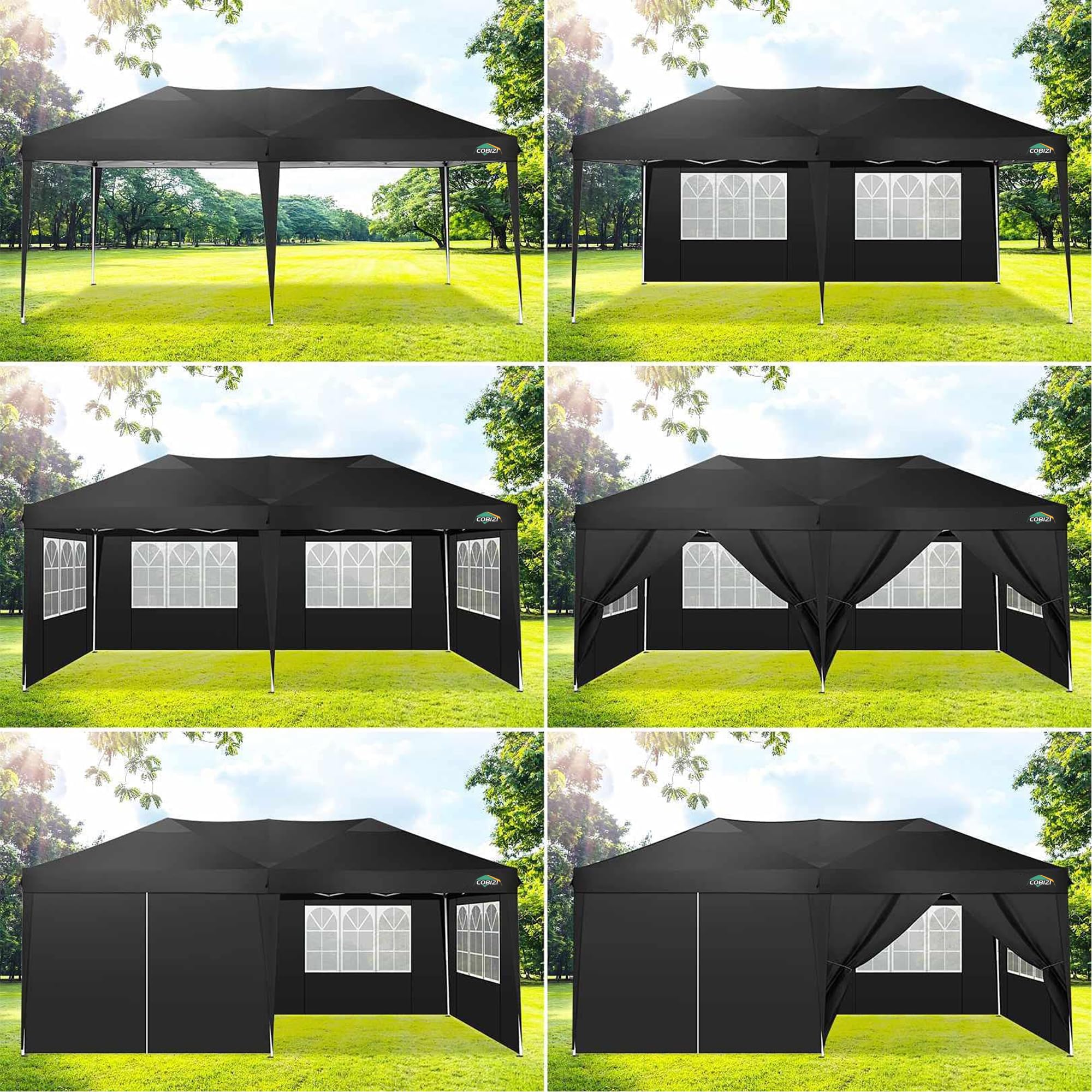 COBIZI 10x20 Pop Up Canopy Tent with Removable Sidewalls - Waterproof Commercial Instant Shelter, Outdoor Gazebo & Party Tent - Portable Canopy with Carry Bag (Black, 10'x20') - Perfect for Outdoor Events, Farmers Markets, Beach Parties & Tailgating