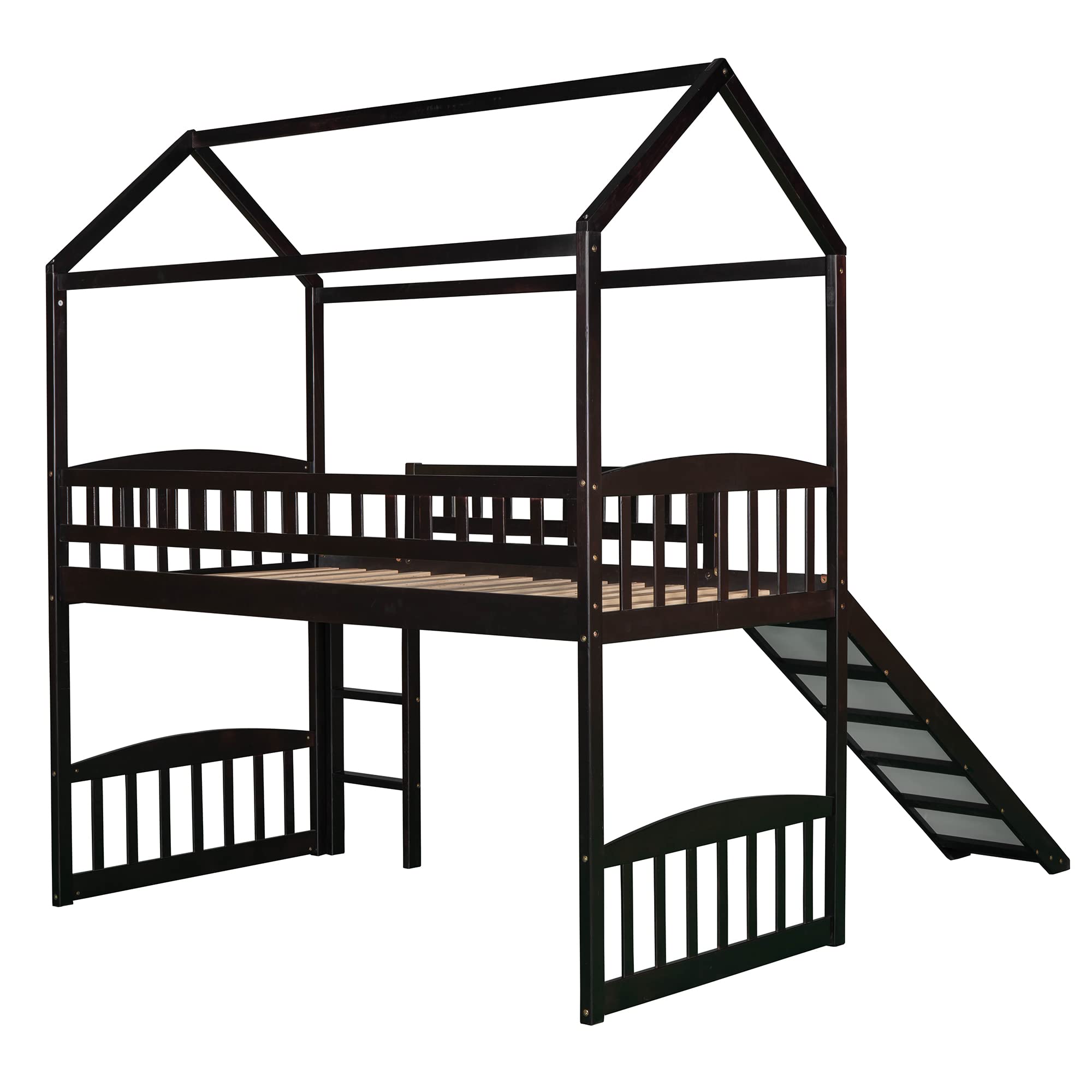 **Merax Twin Loft Bed with Slide & Ladder - Wooden House Style Bed with Roof & Guardrails for Kids & Teens (Espresso) - Perfect for Bedrooms, Playrooms & Small Spaces**