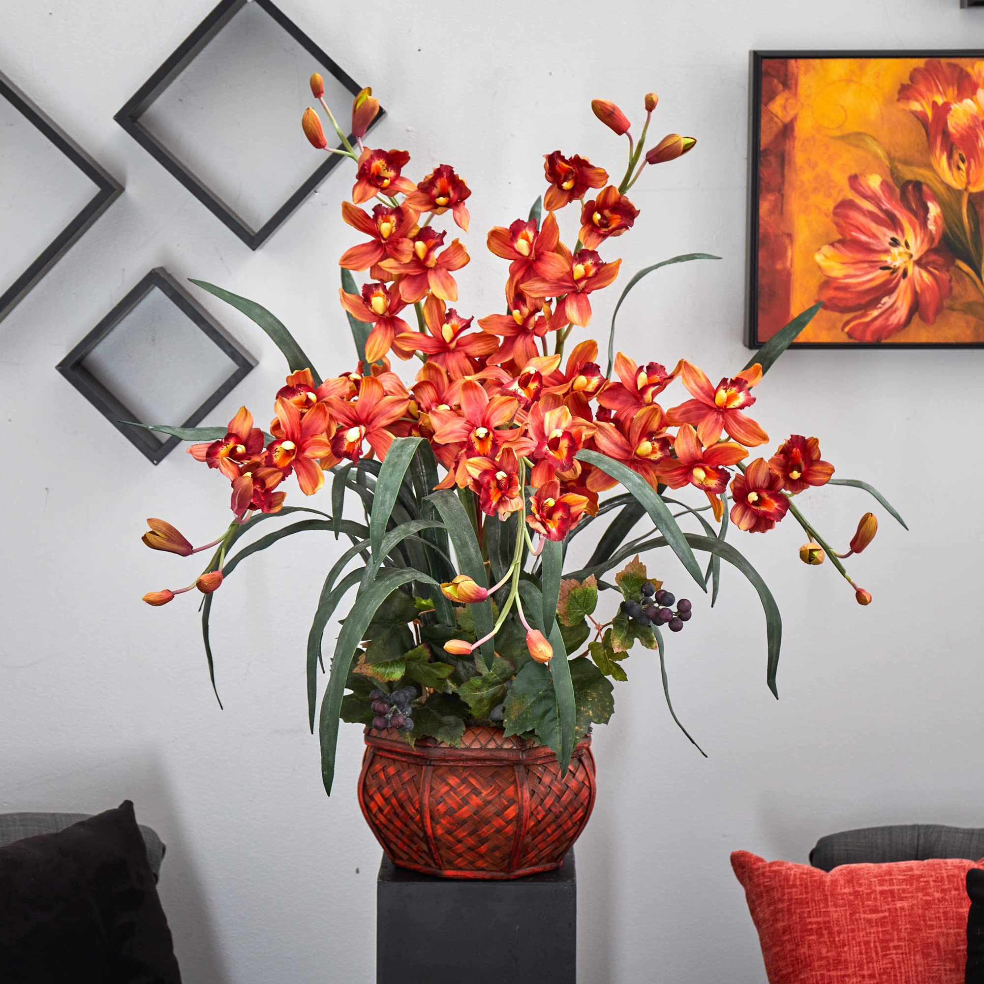 Nearly Natural Cymbidium Silk Flower Arrangement in Decorative Vase - Elegant Home & Office Decor for Living Room, Dining Table, Wedding Centerpieces