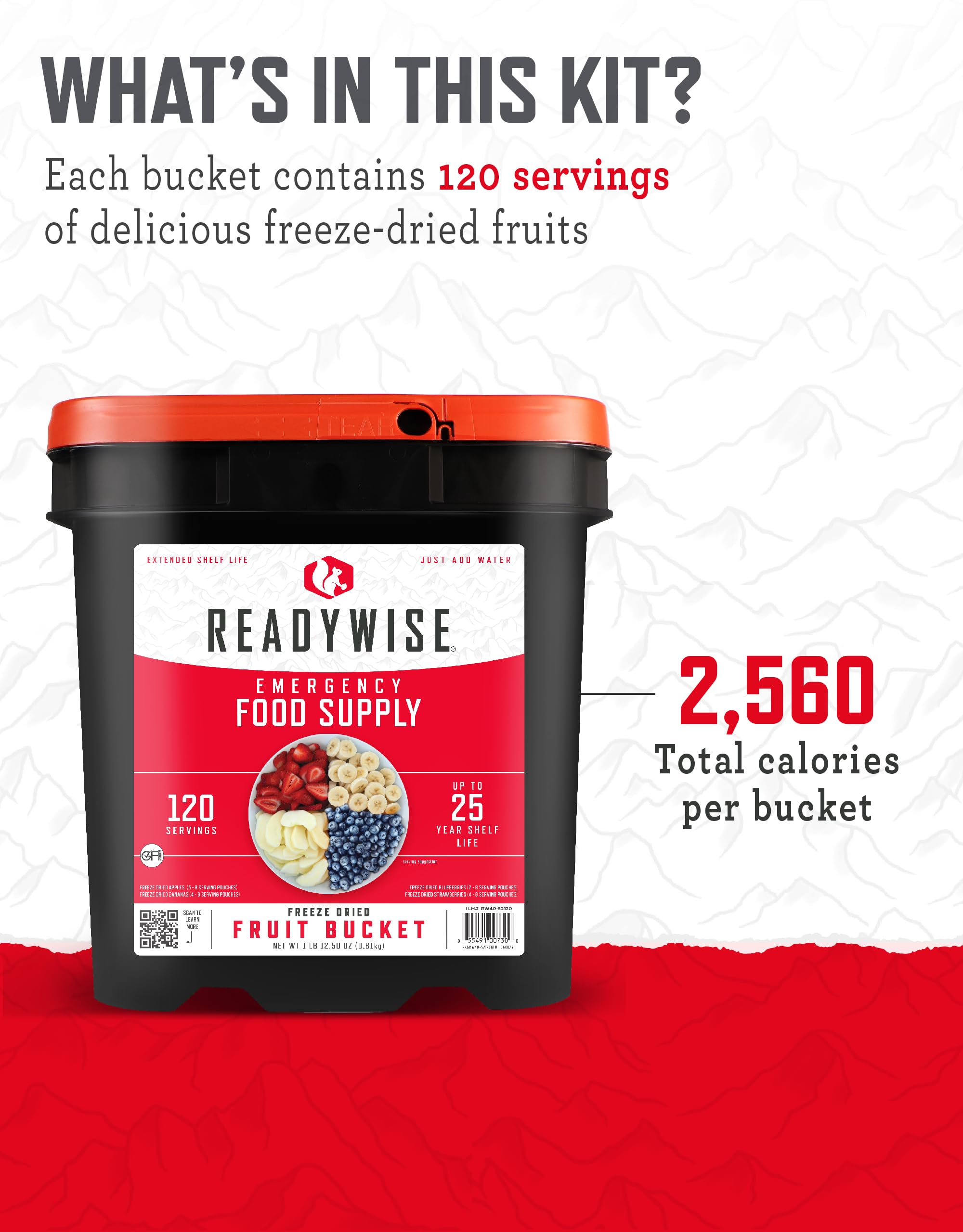 READYWISE Emergency Food Supply - 120 Servings Freeze Dried Fruit Bucket with 20 Year Shelf Life | MRE Survival Food for Camping, Hiking, Emergency Preparedness & Outdoor Adventures | Individually Packaged for Convenience | Perfect for Disaster Kits, Bug Out Bags & Long-Term Storage