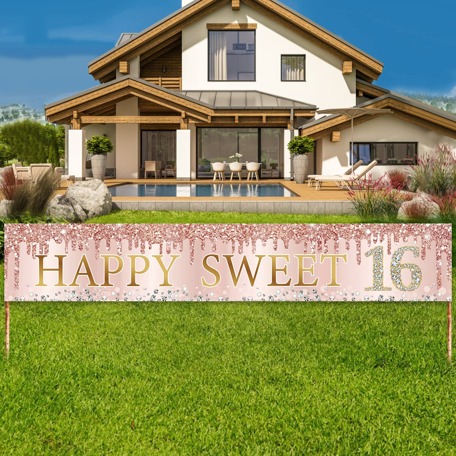 Sweet 16 Birthday Banner Decorations for Girls - Pink Rose Gold Happy 16th Birthday Party Supplies, Yard Sign & Door Cover for Sixteen Year Old Celebration | Perfect for Birthday Parties, Backyard Decorations & Milestone Events