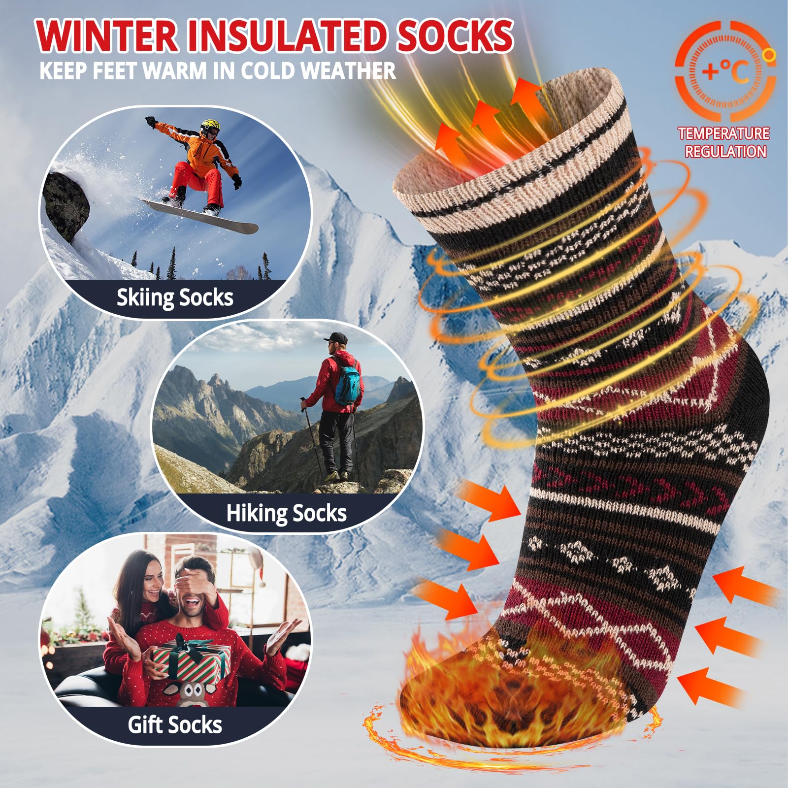 COOVAN Men's Wool Socks 5-Pack - Warm Thick Winter Thermal Crew Socks for Hiking, Outdoor & Casual Wear - Soft Knit Merino Wool Blend Socks for Cold Weather Comfort