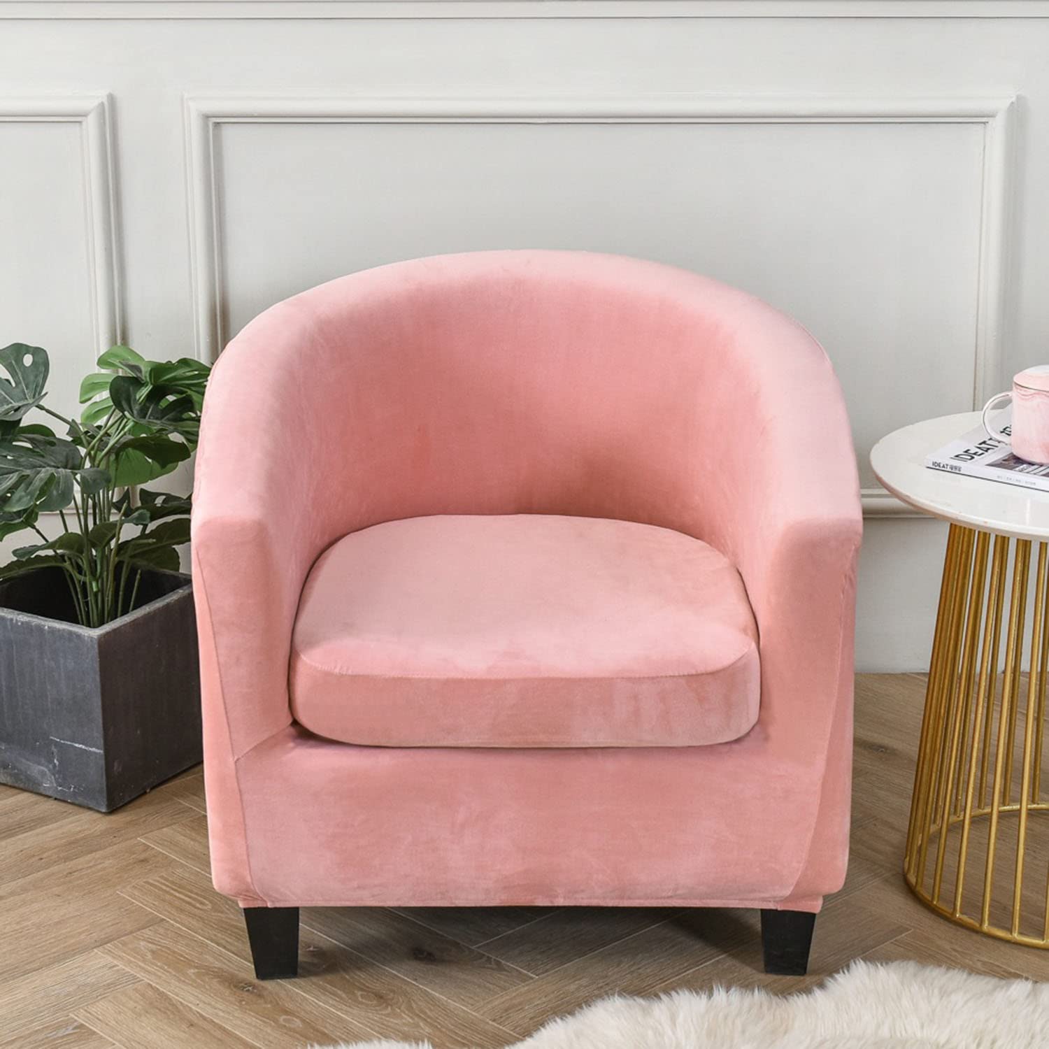 YOPOIY 2-Piece Stretch Velvet Armchair Covers - Solid Color Anti-Slip Club Chair Slipcovers with Cushion Cover for Office, Reception & Coffee Shops (Pink) | Elegant Home Decor & Furniture Protection
