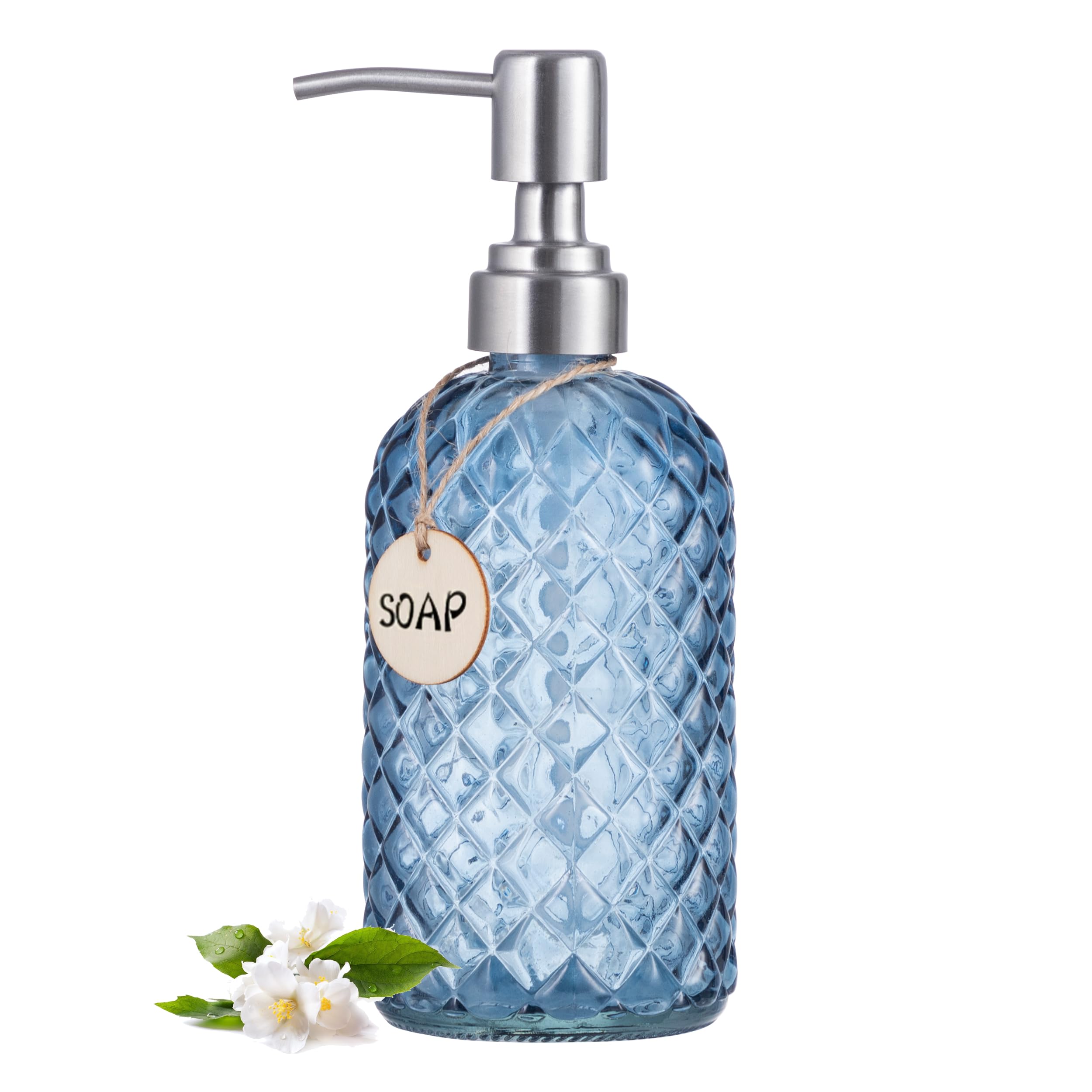 Vorey 16 Oz Glass Soap Dispenser with 304 Stainless Steel Pump - Refillable Liquid Hand Soap Dispenser for Kitchen, Bathroom & Farmhouse Decor - Diamond Pattern Blue Grey - Perfect for Home, Office & Spa Use