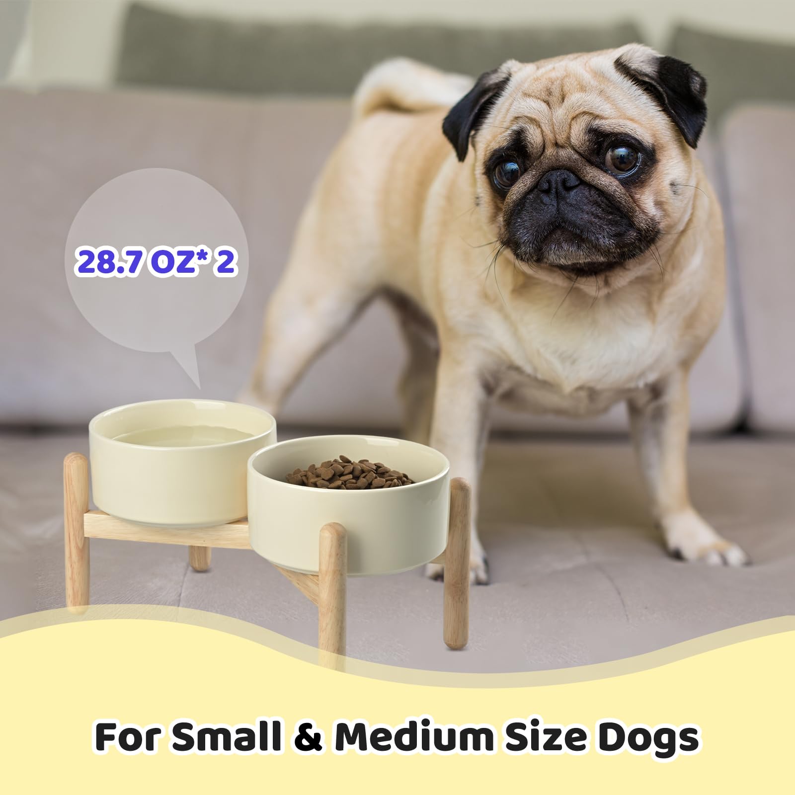 SPUNKYJUNKY Elevated Dog Bowls with Wooden Stand - 28.7oz Ceramic Raised Pet Food & Water Bowls for Small to Medium Dogs (Cream White) - Perfect for Dining Areas, Kitchens & Pet Feeding Stations