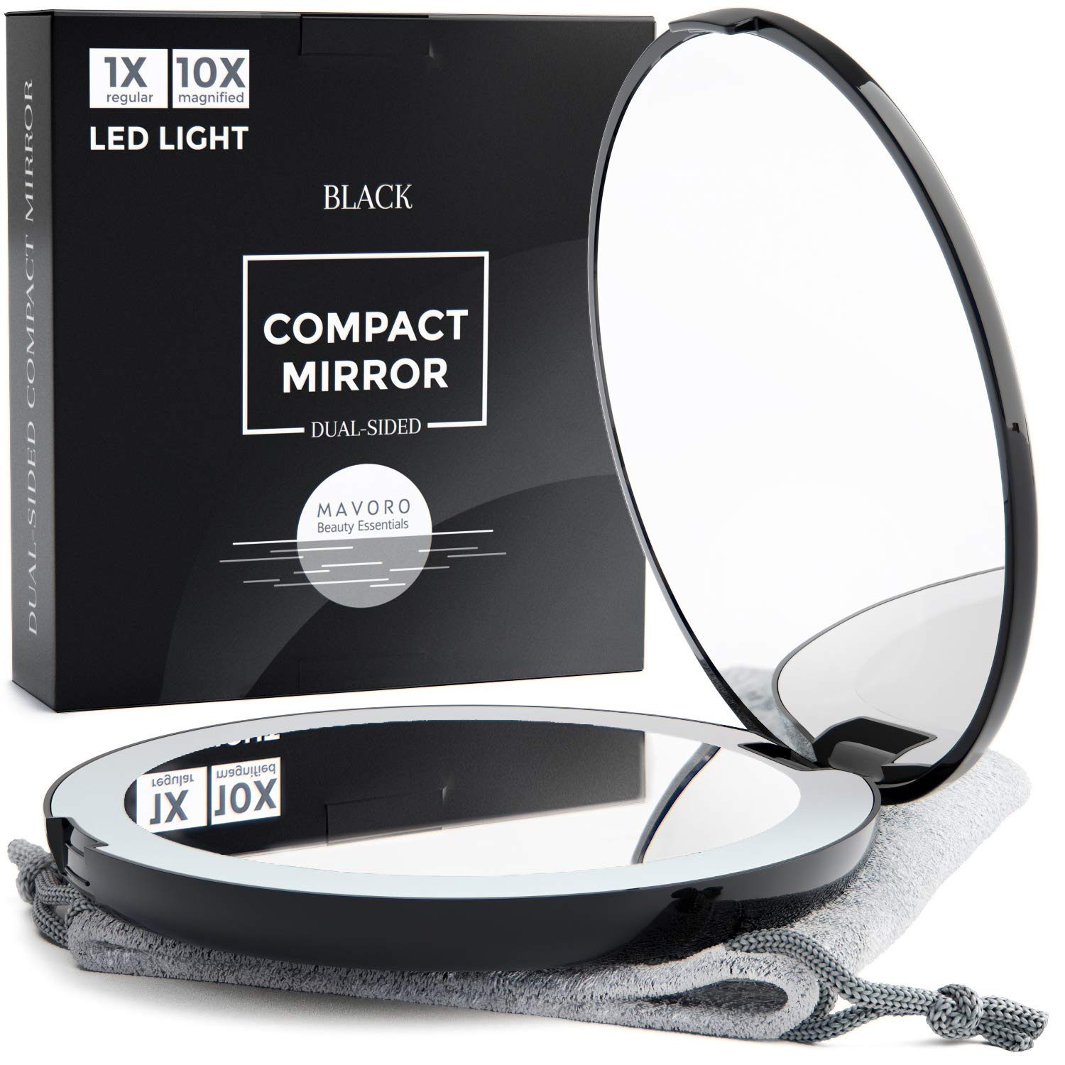Mavoro 5-Inch LED Lighted Travel Makeup Mirror with 1x/10x Magnification - Daylight LED Vanity Mirror, Folding Portable Compact Mirror for Purse, Travel, Home & Professional Makeup Application (Black)