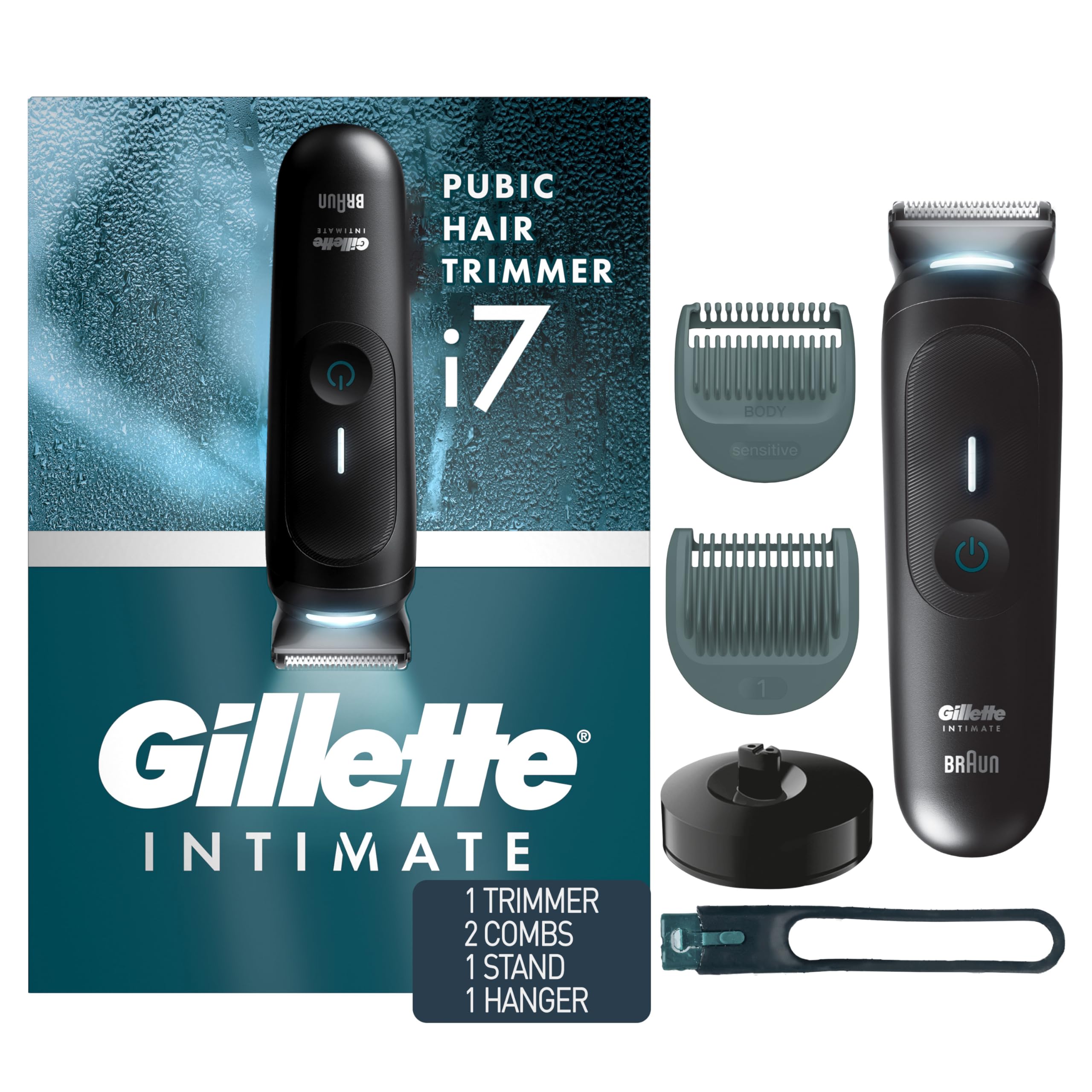 Gillette i7 Premium Men's Pubic Hair Trimmer - Waterproof LED Body Groomer for Manscaping | Smooth Shaving for Bikini Line, Chest & Underarms | Perfect for Travel & Gym Use