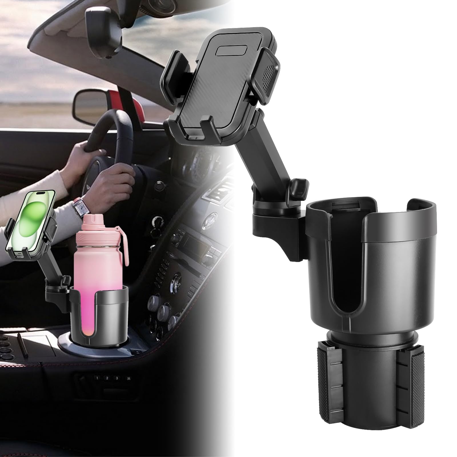 360° Rotating Cup Holder Phone Mount for Car - 2 in 1 Car Cup Holder Expander with Long Arm, Universal Smartphone Holder for iPhone, Samsung, Pixel - Perfect for Road Trips, Commuting & Food Delivery