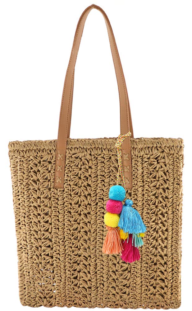 Obosoyo Straw Beach Bag for Women - Large Round Wicker Tote with Pompom Detail, Summer Shoulder Purse | Perfect for Beach Outings, Picnics & Vacation Essentials