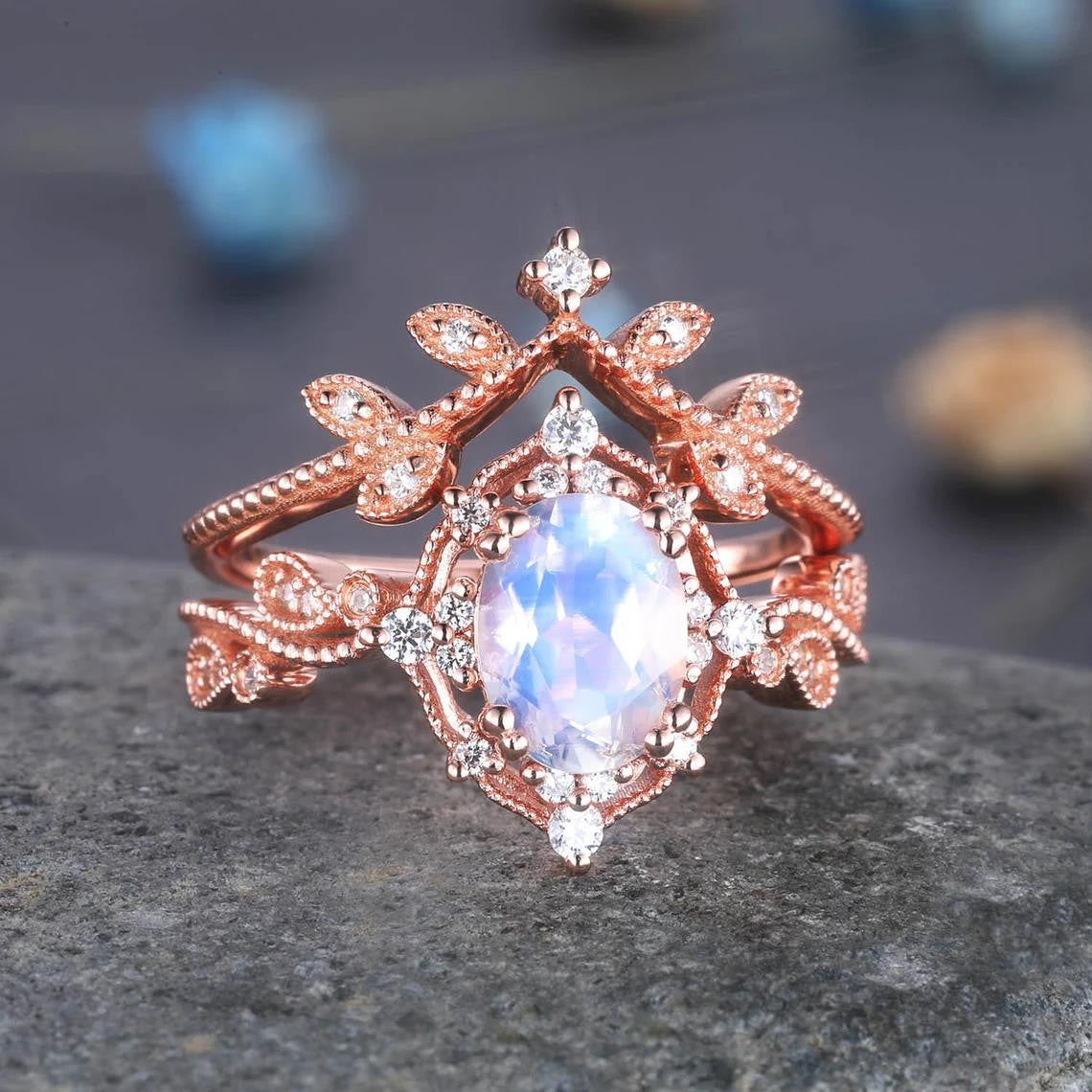Rose Gold Oval Moonstone Engagement Ring Set with Diamond Eternity Band - Stackable Crown Ring for June Birthstone - Perfect for Weddings, Anniversaries & Special Occasions