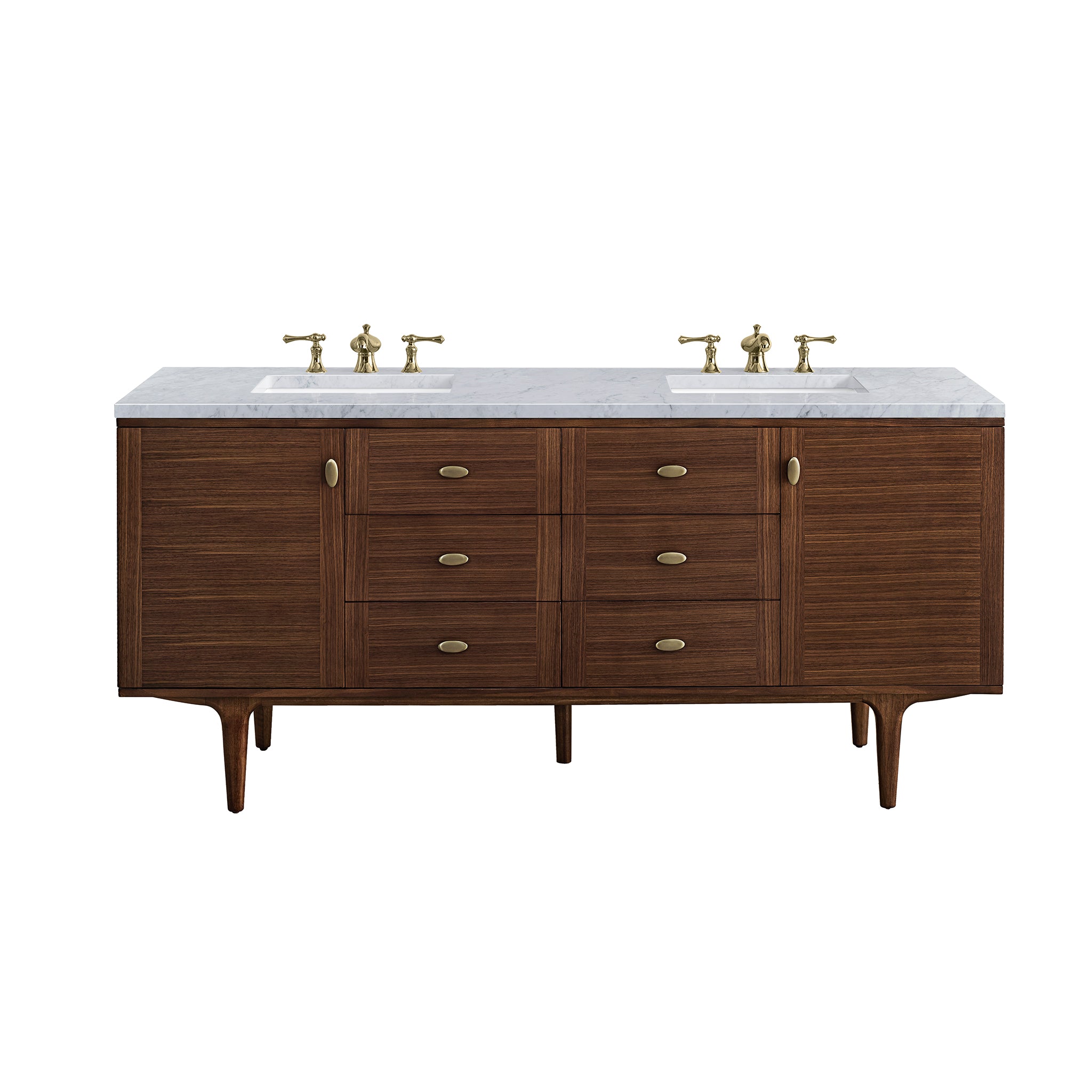 Amberly 72 Inch Double Bathroom Vanity - Mid Century Modern Walnut Wood with 3CM Carrara Marble Countertop - Perfect for Master Bathroom & Luxury Home Renovation