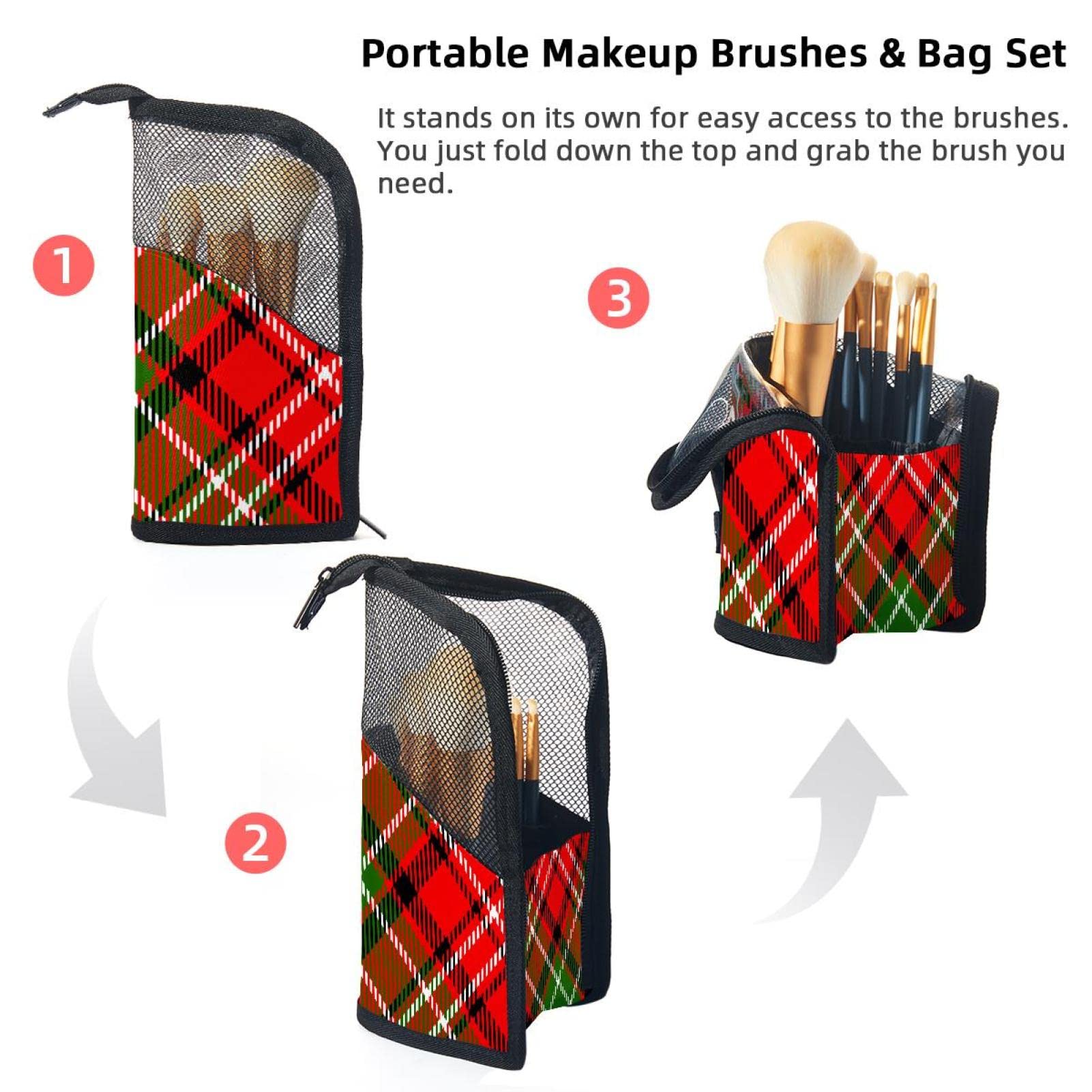 12-Piece Makeup Brush Organizer Bag - Plaid Red Green Classic Tartan Portable Cosmetic Brush Holder Case for Travel & Home Storage | Perfect for Makeup Artists & Beauty Enthusiasts