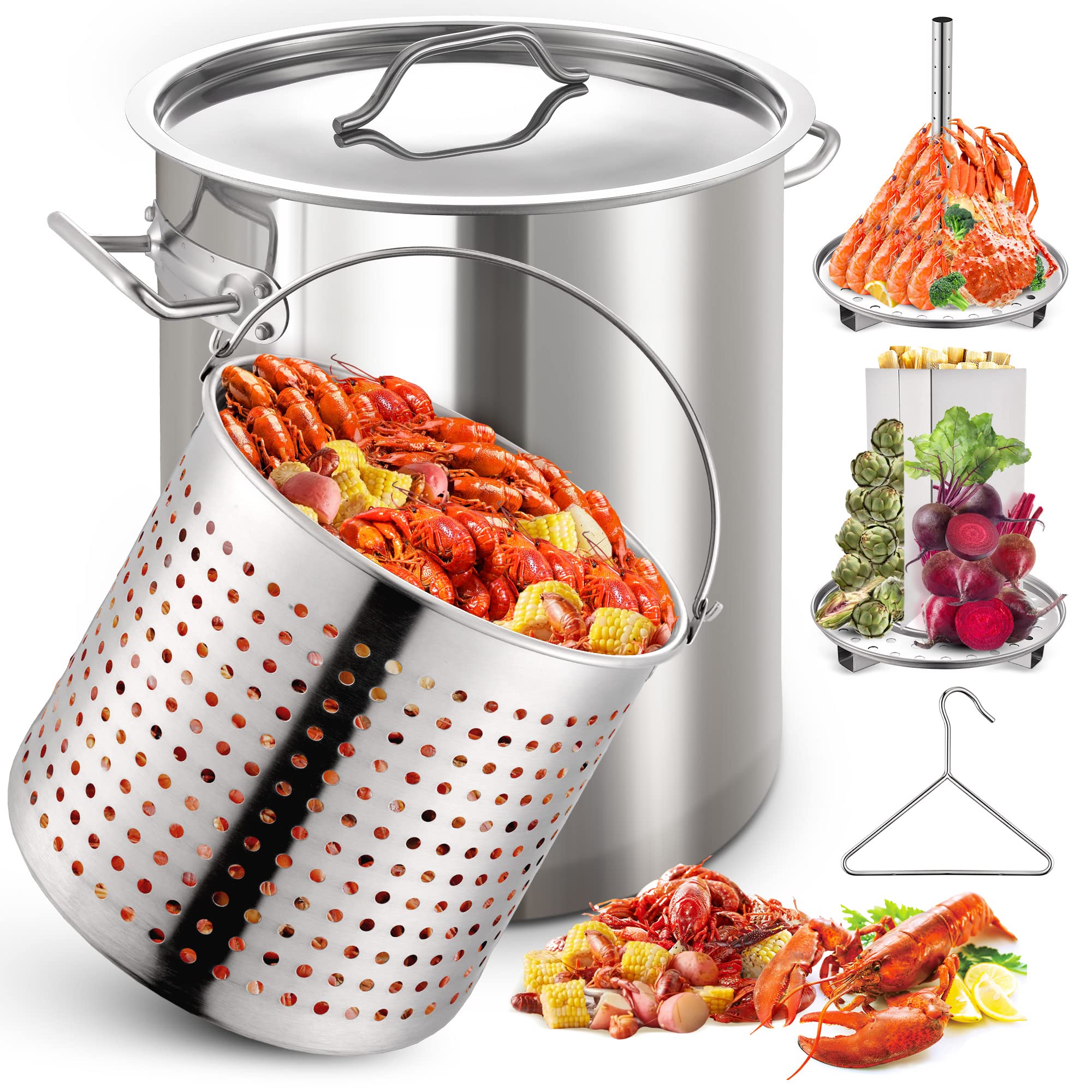 ARC Advanced Royal Champion 40QT Stainless Steel Stockpot with Basket Divider & Hook - Perfect for Seafood Boil, Crab Crawfish Cooking, Turkey Frying, Lobster Shrimp Boiling, Home Brewing & Outdoor Camping