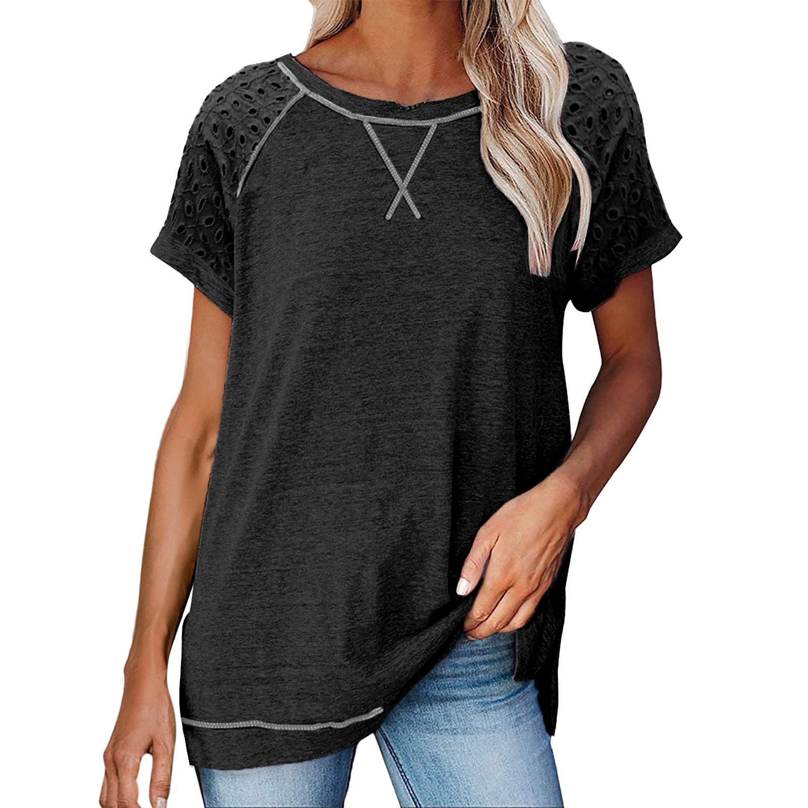 Black Bamboo Shirt for Women - Short Sleeve Crewneck T-Shirt with Side Split | Fashion Casual Loose Fit Tunic Top | Perfect for Summer Outfits, Beach Wear & Everyday Comfort