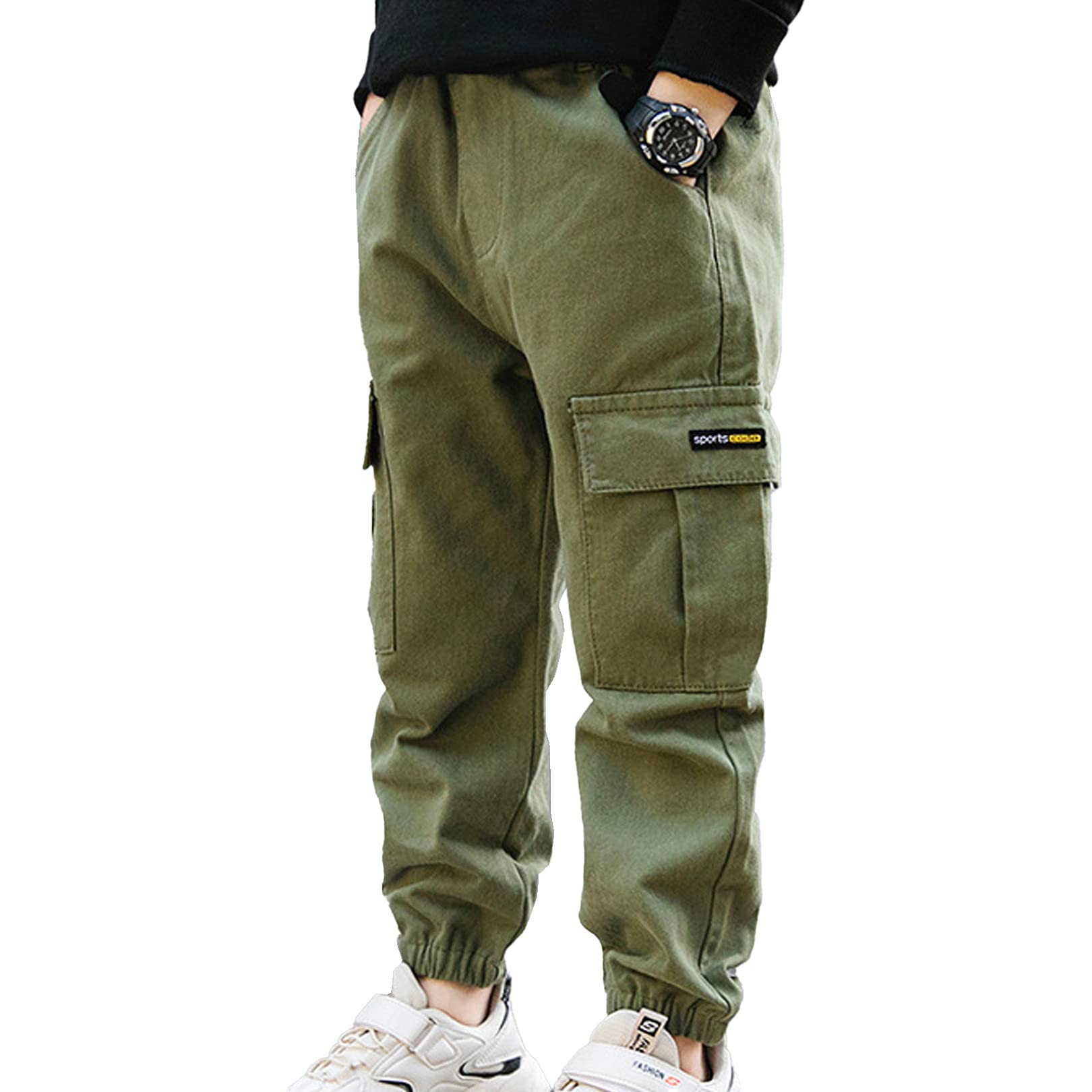 EasyForever Boys' Cargo Jogger Pants - Elastic Waist Casual Athletic Sweatpants with Cuffed Bottoms | Perfect for School, Sports & Outdoor Play