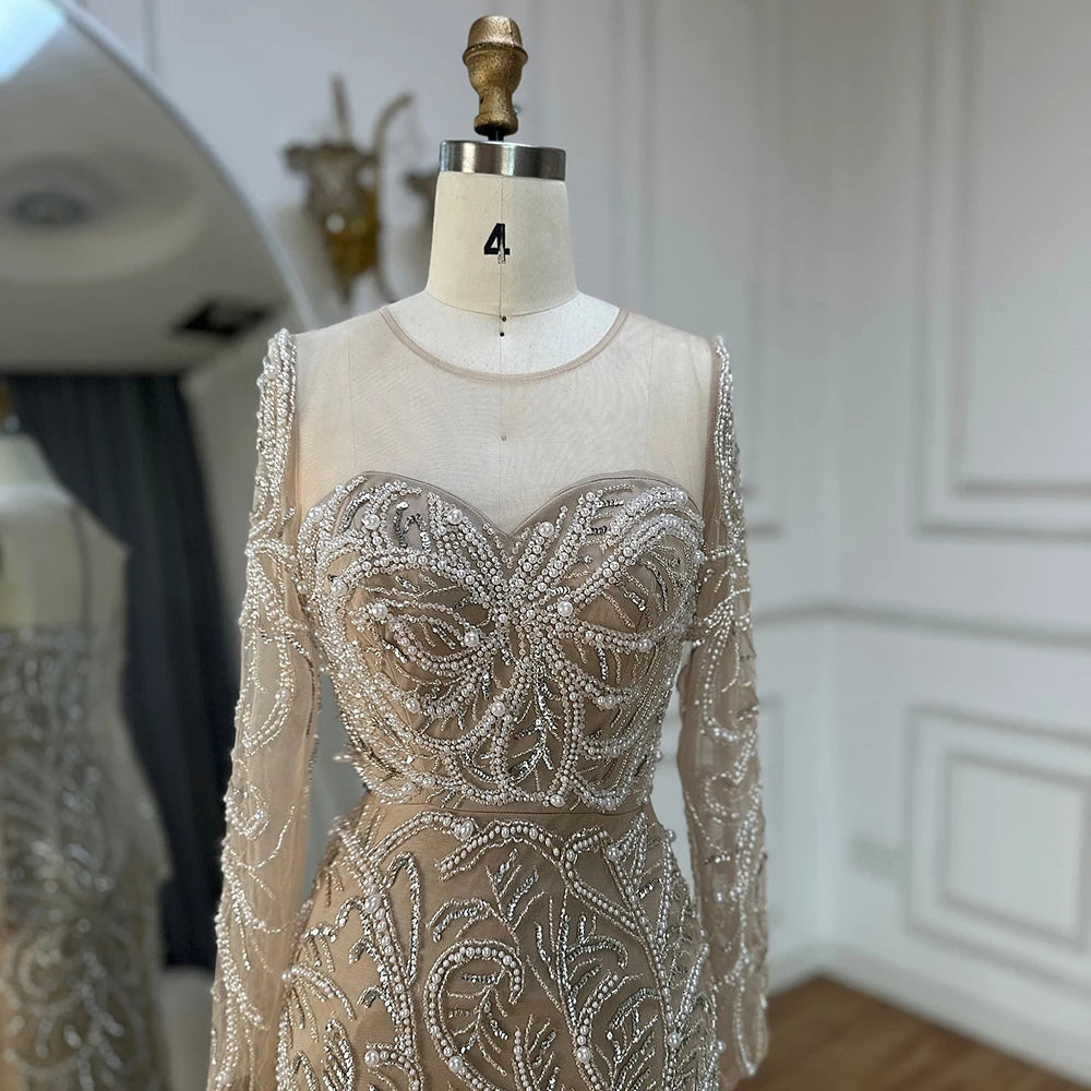 Luxury Dubai Nude Mermaid Evening Gown with Pearls Beading - Arabic Formal Dress LA72648 for Weddings, Galas & Special Occasions