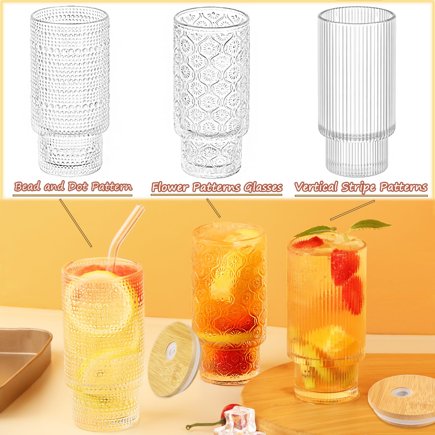 Gusnilo 6-Piece Set 11oz Glass Cups with Bamboo Lids & Straws - Stackable Vintage Hobnail Drinking Glasses for Coffee, Tea, Juice - Clear Glassware for Home, Restaurant, and Party Use (6Pcs)