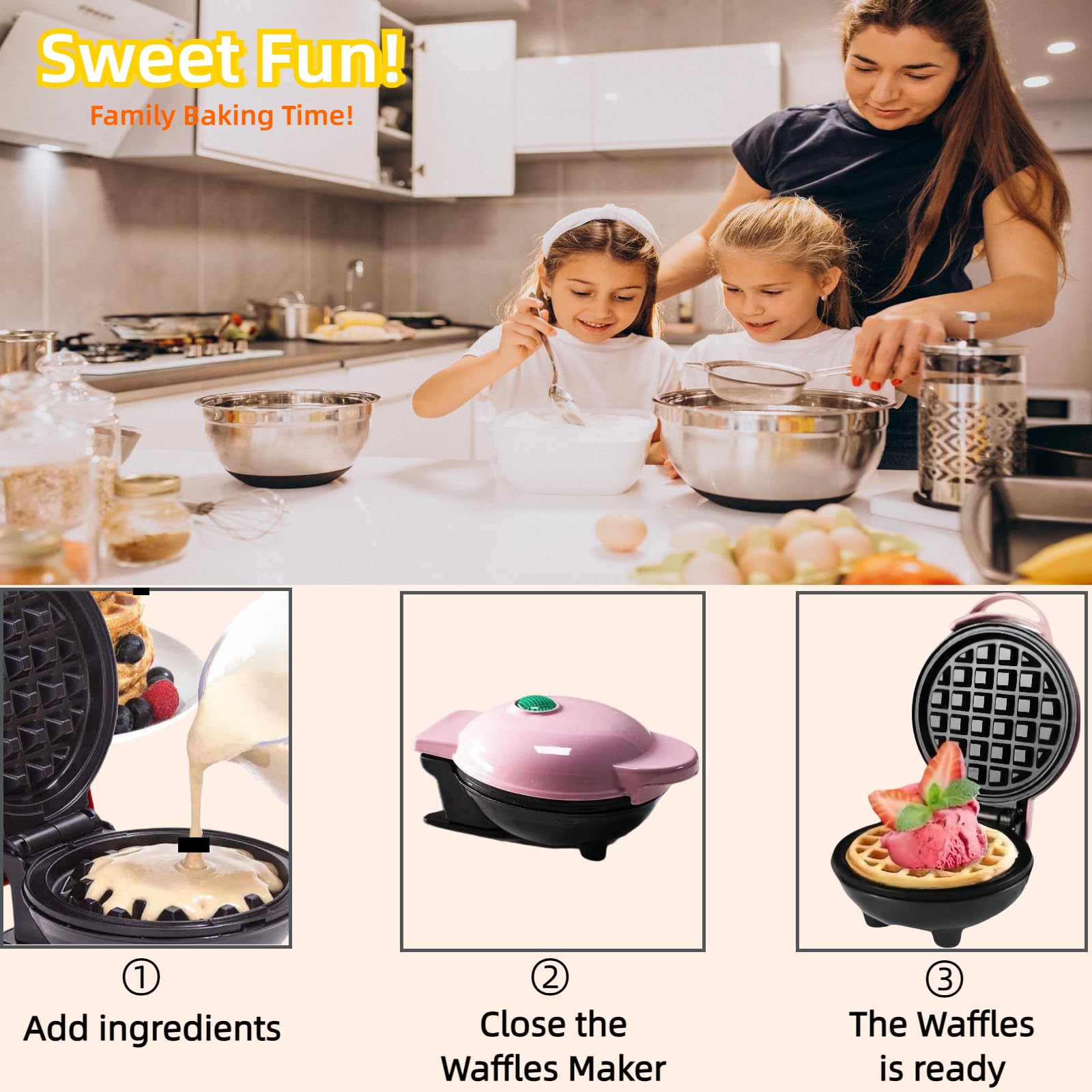 3-in-1 Mini Waffle Maker with Removable Plates - Make Waffles, Donuts & Pancakes - Nonstick Surface for Easy Cleaning - Perfect for Breakfast, Brunch & Kids Snacks - Great Holiday Gift (Pink)
