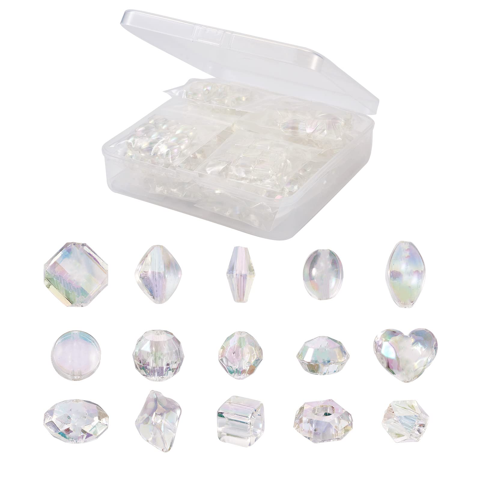 150Pcs Clear Acrylic Beads Mixed Shapes - Transparent AB Color Plated Spacer Beads for DIY Jewelry Making, Necklace, Bracelet & Craft Projects (Oval, Round, Heart, Cube, Rondelle) - Perfect for Beading, Scrapbooking & Gift Making