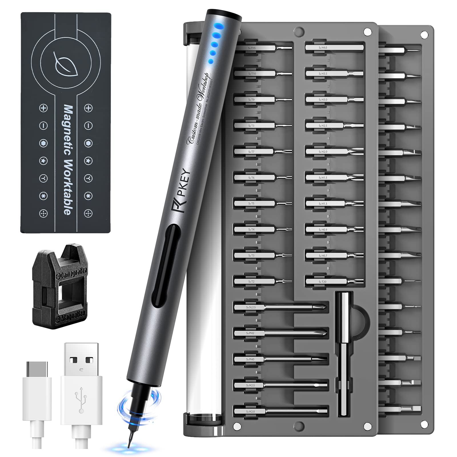 PKEY Cordless Electric Screwdriver Kit - 55 Magnetic Precision Bits, 2 Torque Settings & 3 LED Lights | Perfect for DIY, Home Repairs, Computers, Furniture Assembly, Bicycles, Watches and Electronics