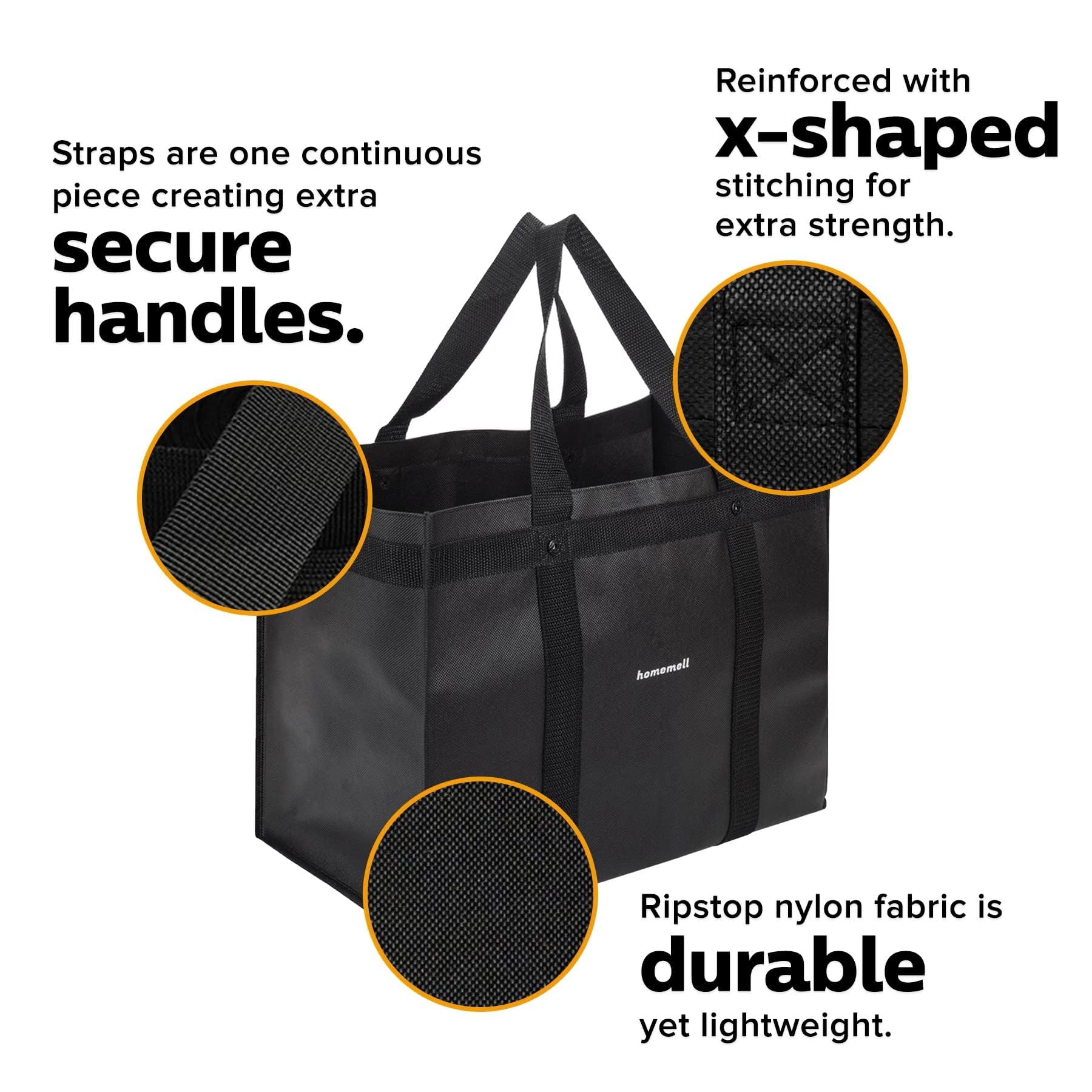 Homemell Heavy Duty Reusable Grocery Bags - 6-Pack Large Collapsible Tote Bags with 100 LB Capacity | Extra-Strong Premium Material (Black) | Perfect for Shopping, Travel & Storage