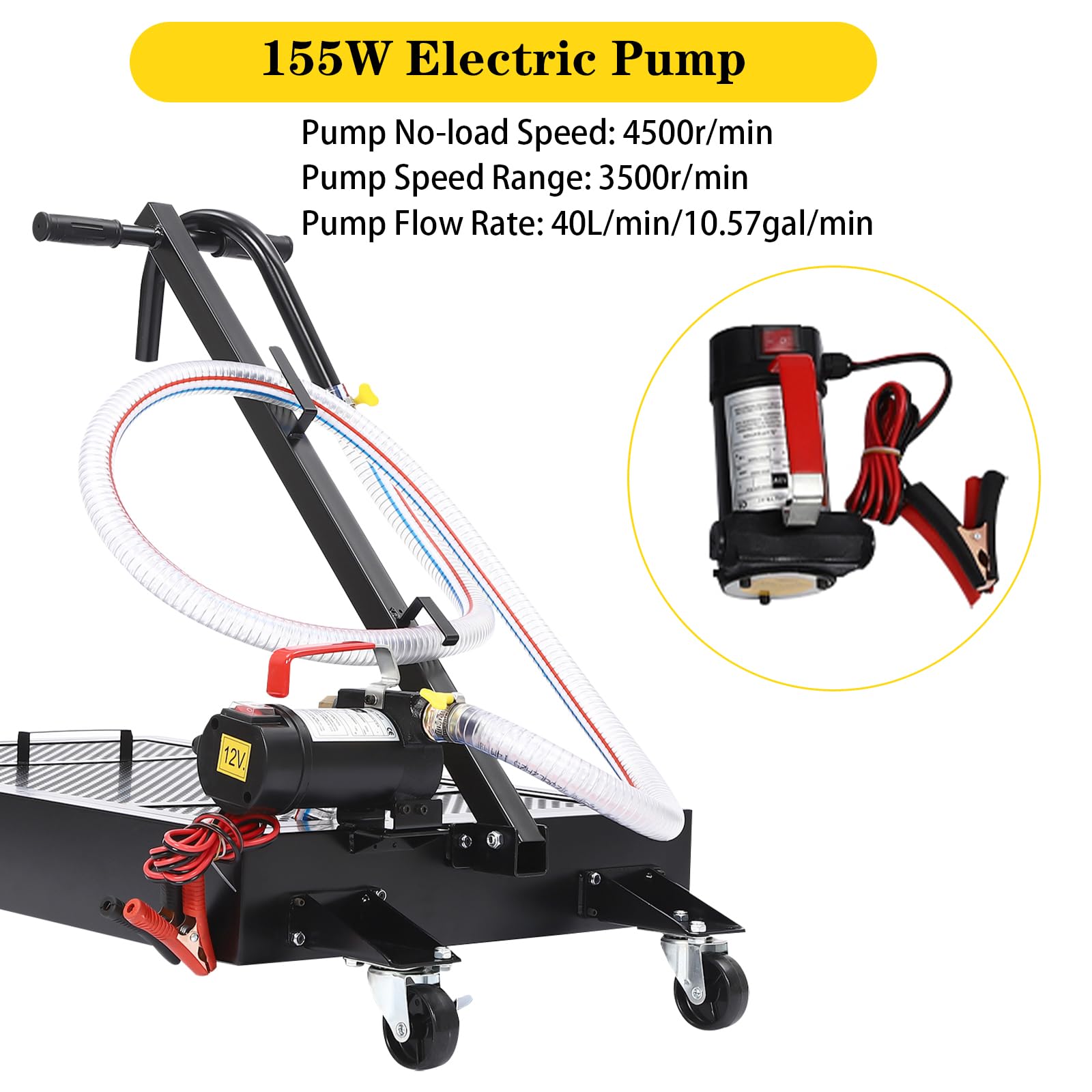 15 Gallon Low Profile Oil Drain Pan with Electric Pump - Large Capacity Oil Change Pan for Trucks & RVs | 8.2ft Hose, Rotatable Handle & Swivel Caster Wheels | Rolling Drain Cart for Easy Garage Maintenance & DIY Auto Repairs