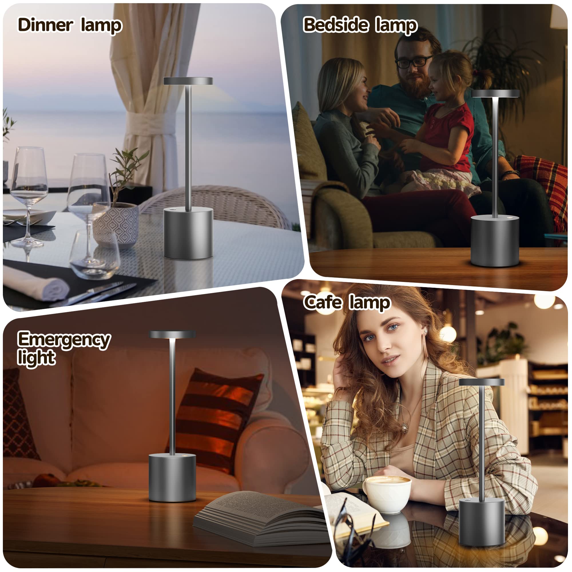 2 Pack Rechargeable LED Table Lamp - 5000mAh Battery Powered, USB Portable Desk Light with 3 Brightness Levels, Metal Base for Home Office, Restaurant & Outdoor Use (10.25 Inch, Grey)