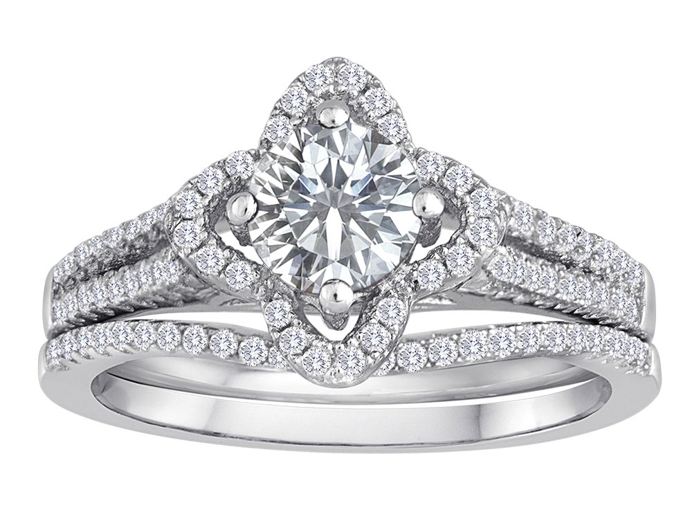 Star K Round White Topaz Halo Wedding Ring Set in Sterling Silver - Perfect for Engagement, Anniversary & Bridal Jewelry Gifts