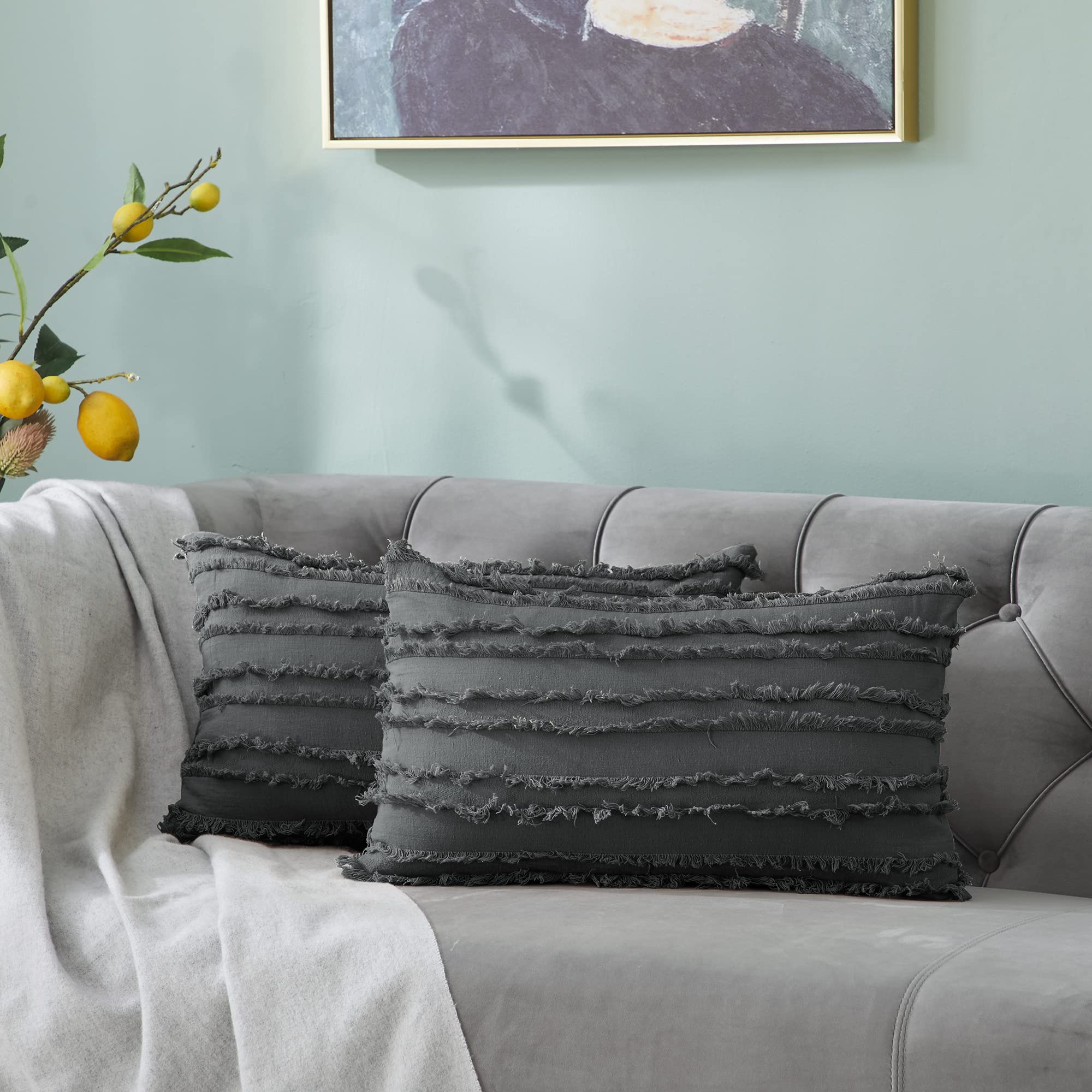 Premium Grey Cotton Linen Throw Pillow Covers for Couch, Sofa & Bed - 12x20 Inches Decorative Cushion Covers Set of 2 - Perfect for Living Room, Bedroom & Home Decor