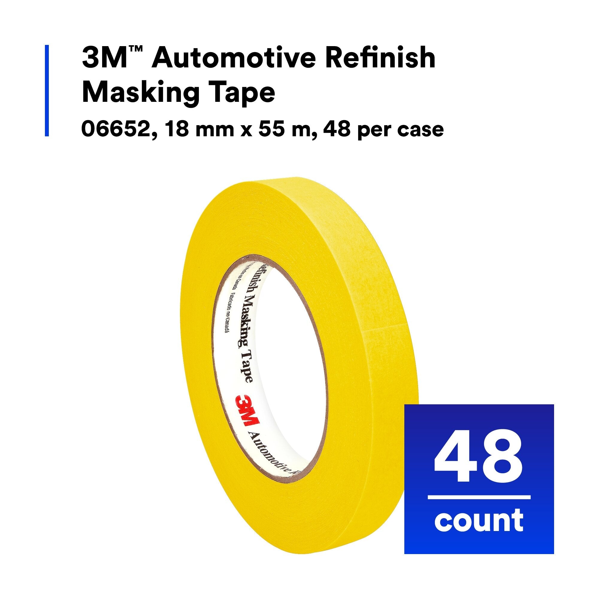 3M Automotive Refinish Masking Tape 06652 - 18mm x 55m High-Performance Paint Protection Tape for Car Bodywork & Detailing - Perfect for Auto Repair, DIY Projects & Professional Painting
