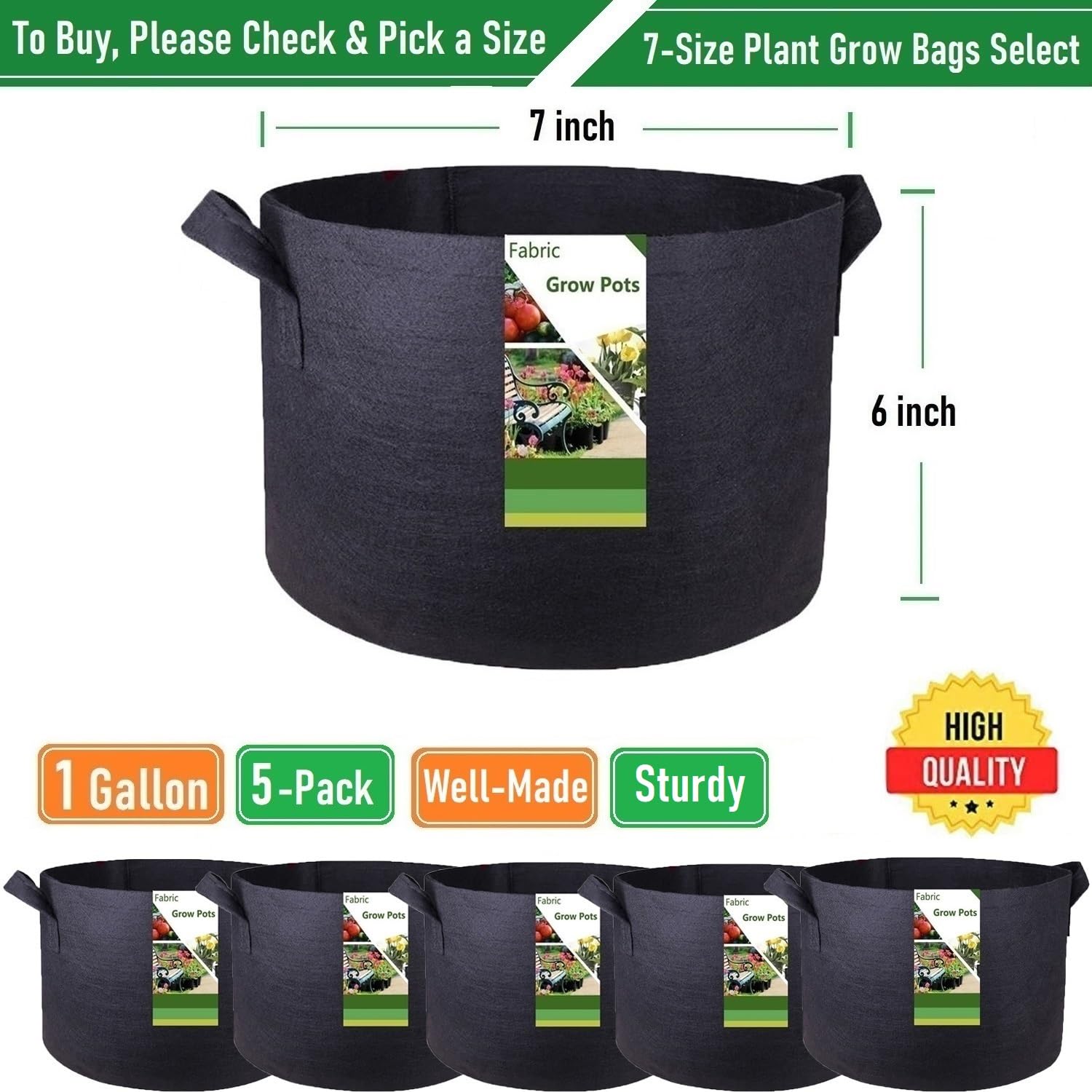 5-Pack 1 Gallon Thickened Fabric Grow Bags for Plants - 7x6 Inch Reusable Gardening Pots for Herbs, Vegetables, Flowers & Nursery Plants | Includes Free Garden Gloves | Perfect for Indoor/Outdoor Planting, Urban Gardening & Container Gardening