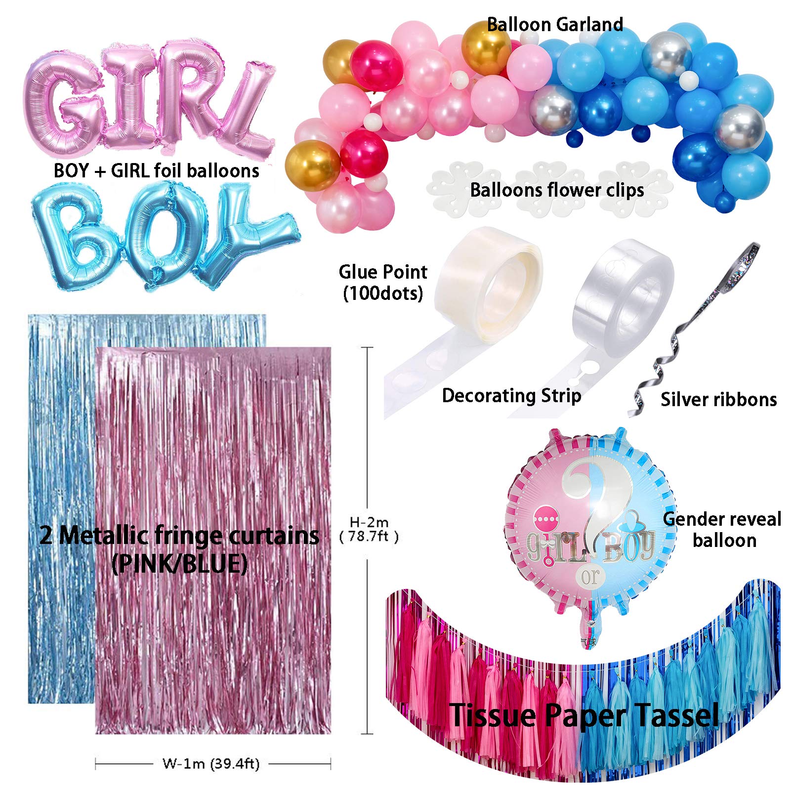 Gender Reveal Party Decorations Set - Pink & Blue Balloon Arch Garland Kit with Foil Balloons, Tassel Curtains & Backdrop Tools for Baby Shower, Birthday Celebrations & Photo Booth Decor