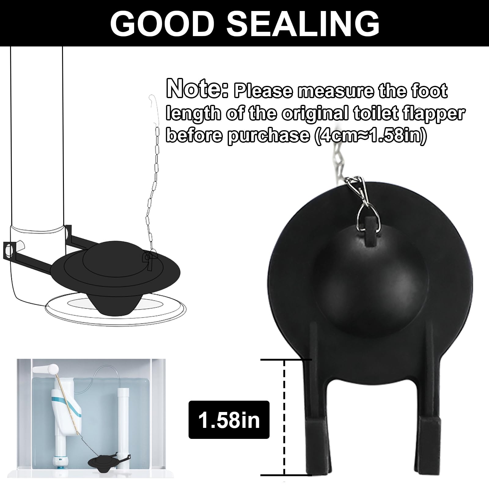 2 Pack Universal 2-Inch Toilet Flapper Replacement Kit - High Performance Toilet Tank Flapper with Stainless Steel Chain & Hook, Durable Rubber for Long Lasting Use - Easy to Install Black (Perfect for Home, Hotel, and Office Bathroom Repairs)