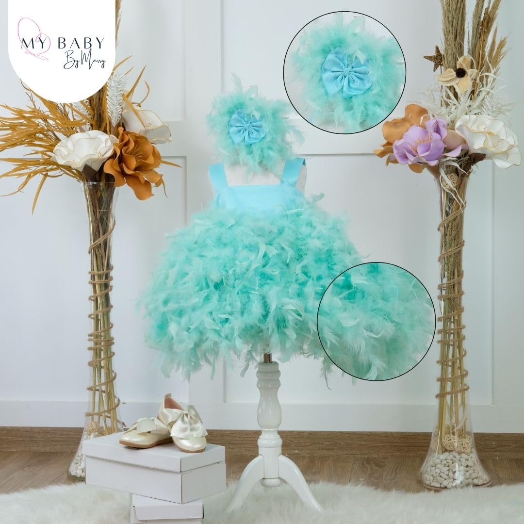 **Elegant Baby Girl Feather Cupcake Pageant Dress - Sleeveless Floral Maxi Toddler Outfit for Birthday, Holiday & Special Occasions - Green 9-12 Months US Kids' Size**    *Perfect for birthday parties, holiday celebrations, pageants, photo shoots, and special family events.*