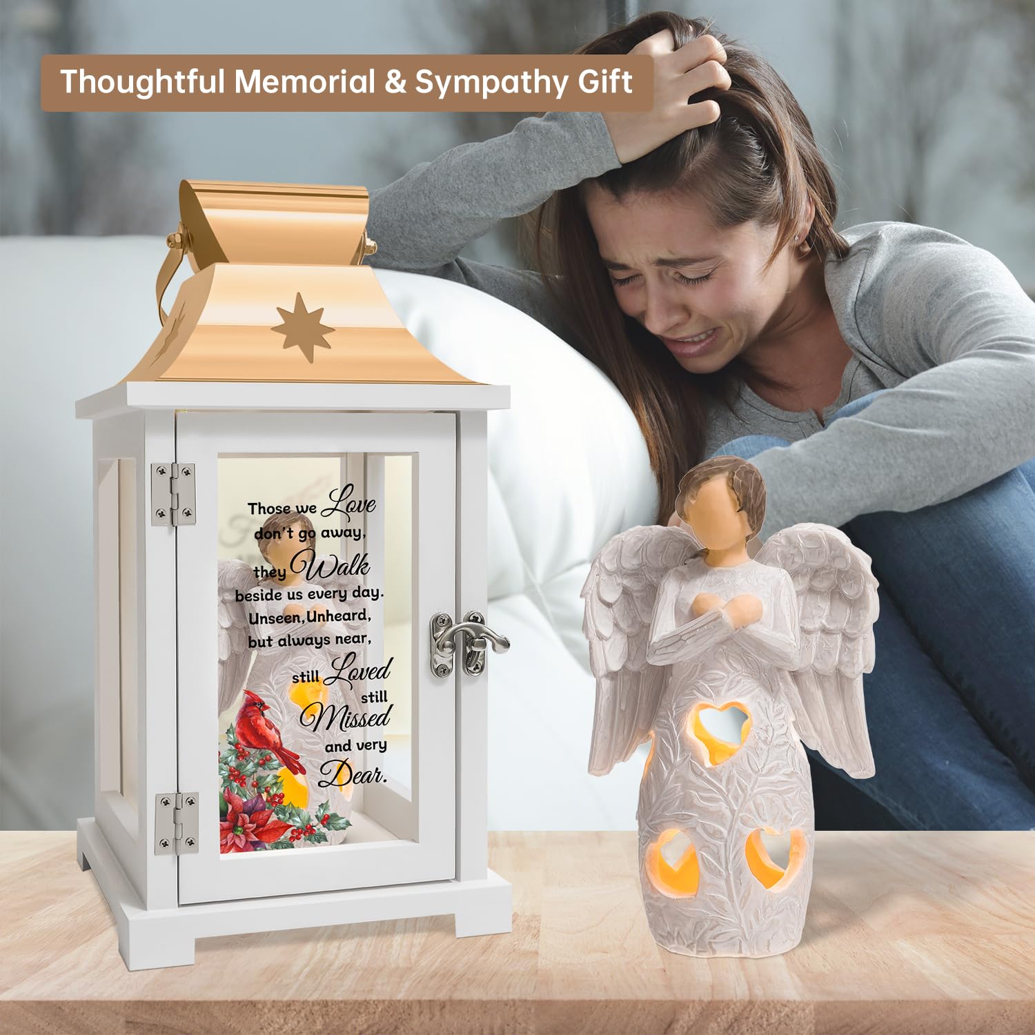 Memorial Lantern for Loved Ones - Bereavement Angel & Cardinal Sympathy Gift for Loss of Father, Mother or Family - Funeral Remembrance Candle Holder for Home Memorials, Graveside Tributes & Healing Ceremonies