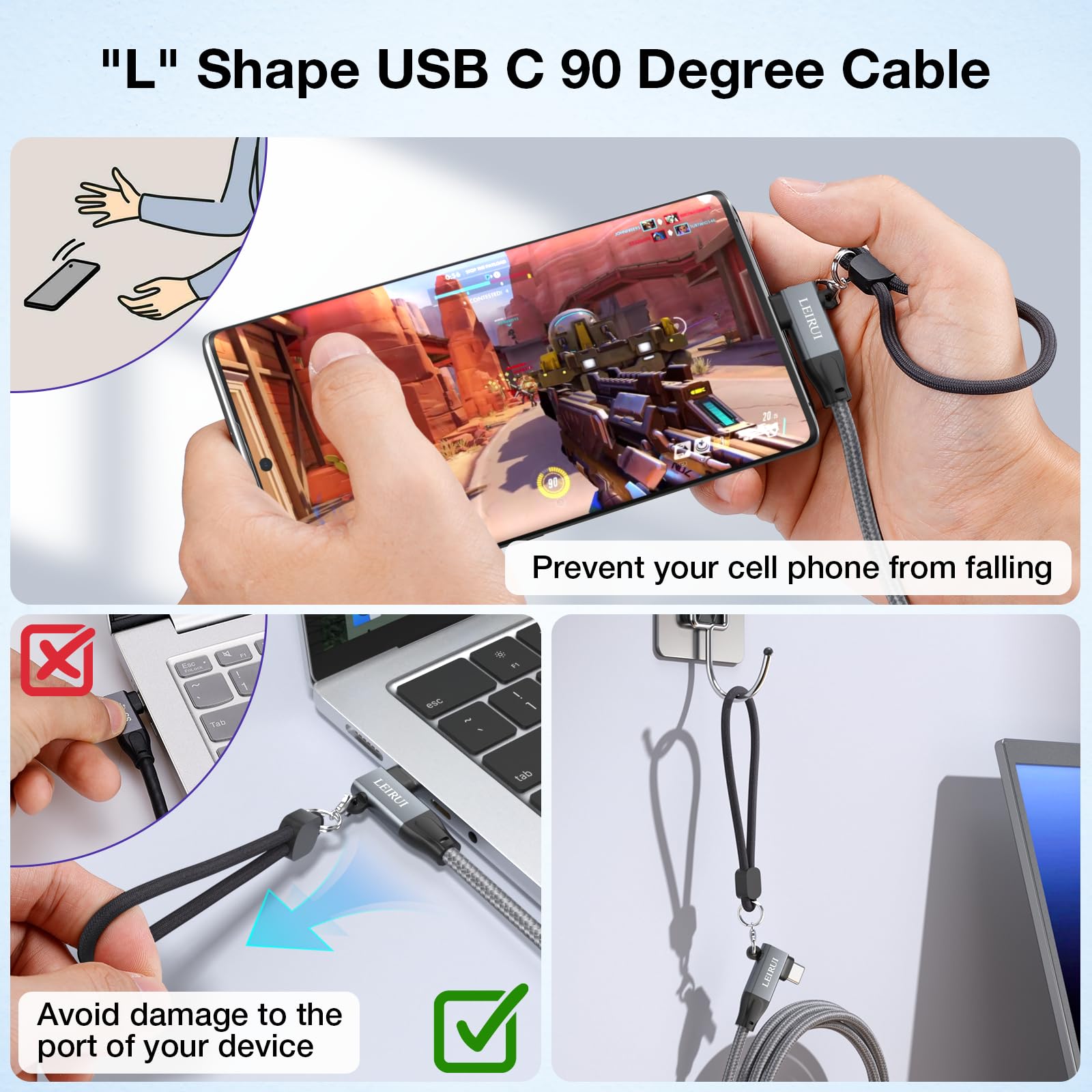 90 Degree USB C to USB C Cable 10FT - 20Gbps High-Speed Data Transfer, 4K@144Hz/60Hz Video, 240W Fast Charging - USB 3.2 Gen 2x2 Right Angle Monitor Cable for iPhone 15, Samsung Galaxy, MacBook, iPad Pro - Perfect for Gaming, Home Office & Travel Charging