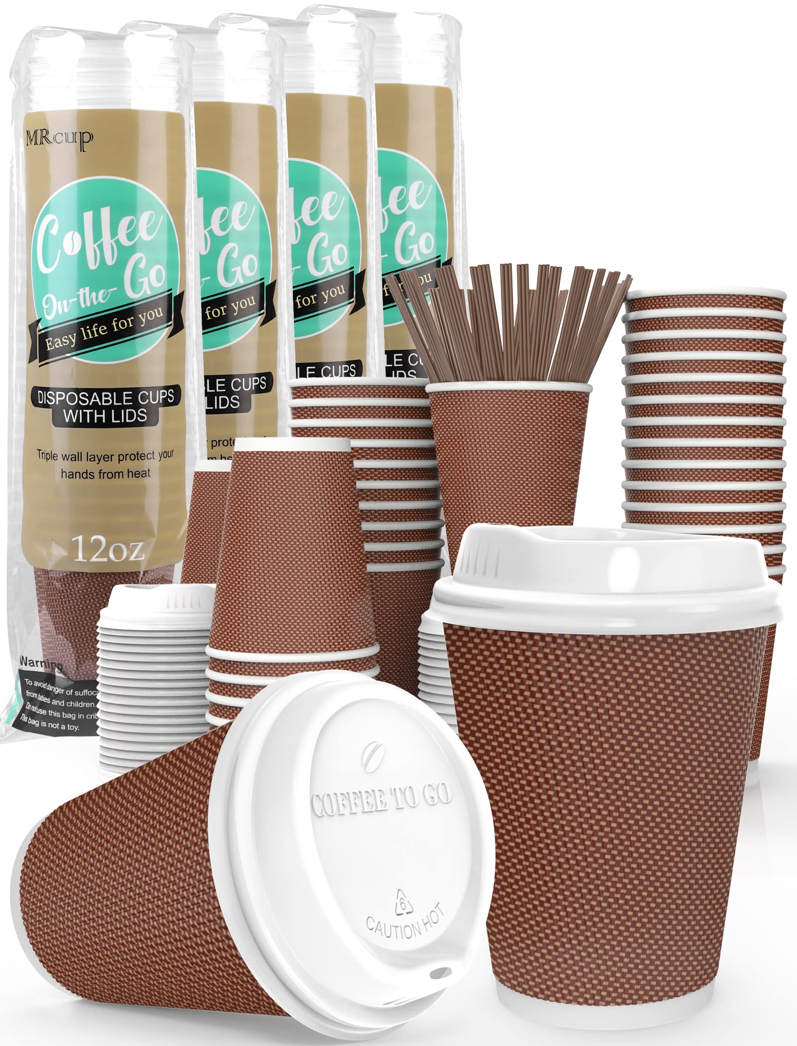 80 Pack 12oz Insulated Triple Wall Disposable Coffee Cups with Lids & Straws - Leakproof & Anti-Slip Hot/Cold Reusable Paper Cups for Coffee, Tea, Bubble Tea, Iced Drinks - Perfect for Cafes, Offices, Picnics & Takeout (Red)