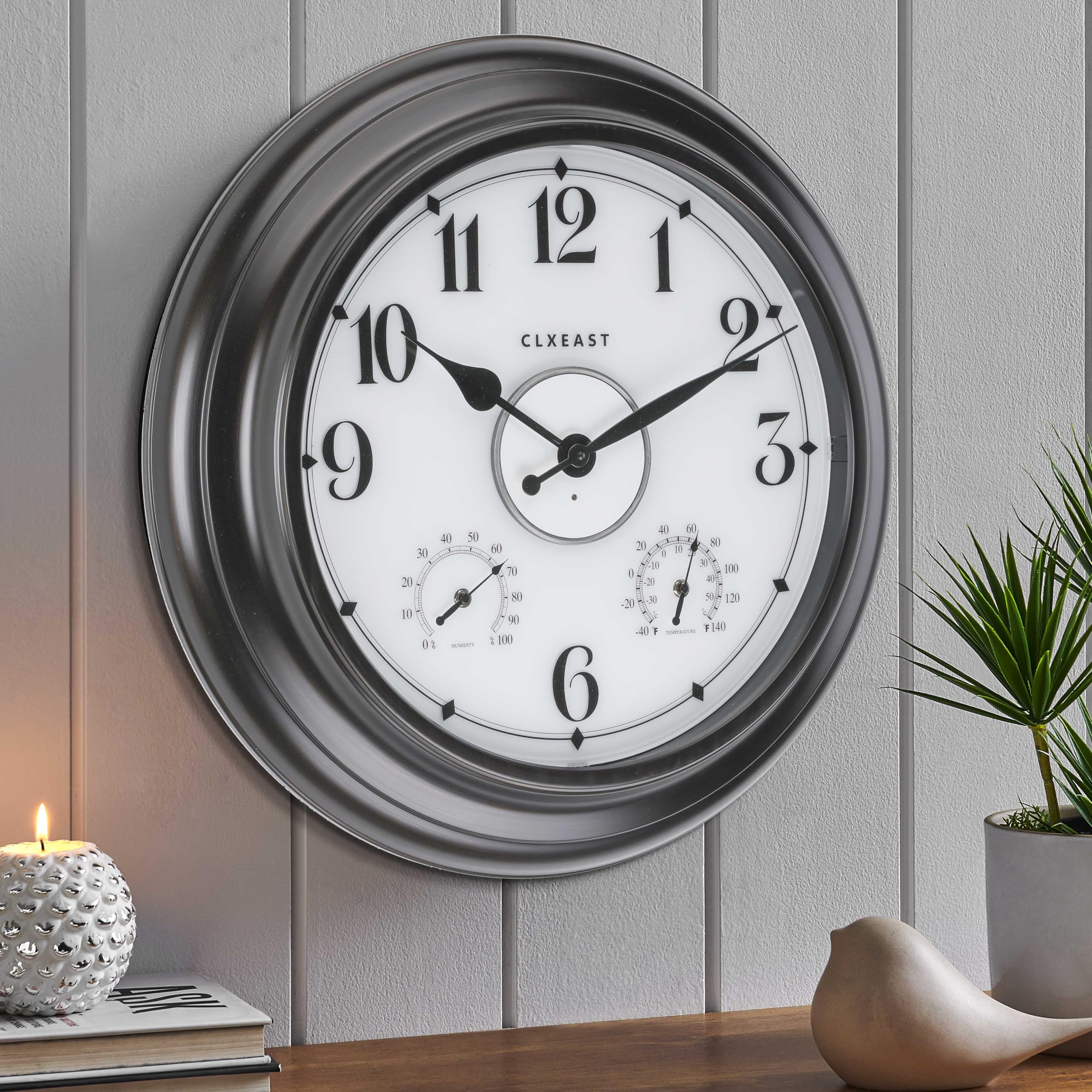 CLXEAST 24 Inch LED Outdoor Metal Clock - Waterproof, Large Lighted Wall Clock with Temperature & Humidity Display - Oil Rubbed Bronze Black - Perfect for Patio, Garden, Backyard & Easter Decorations