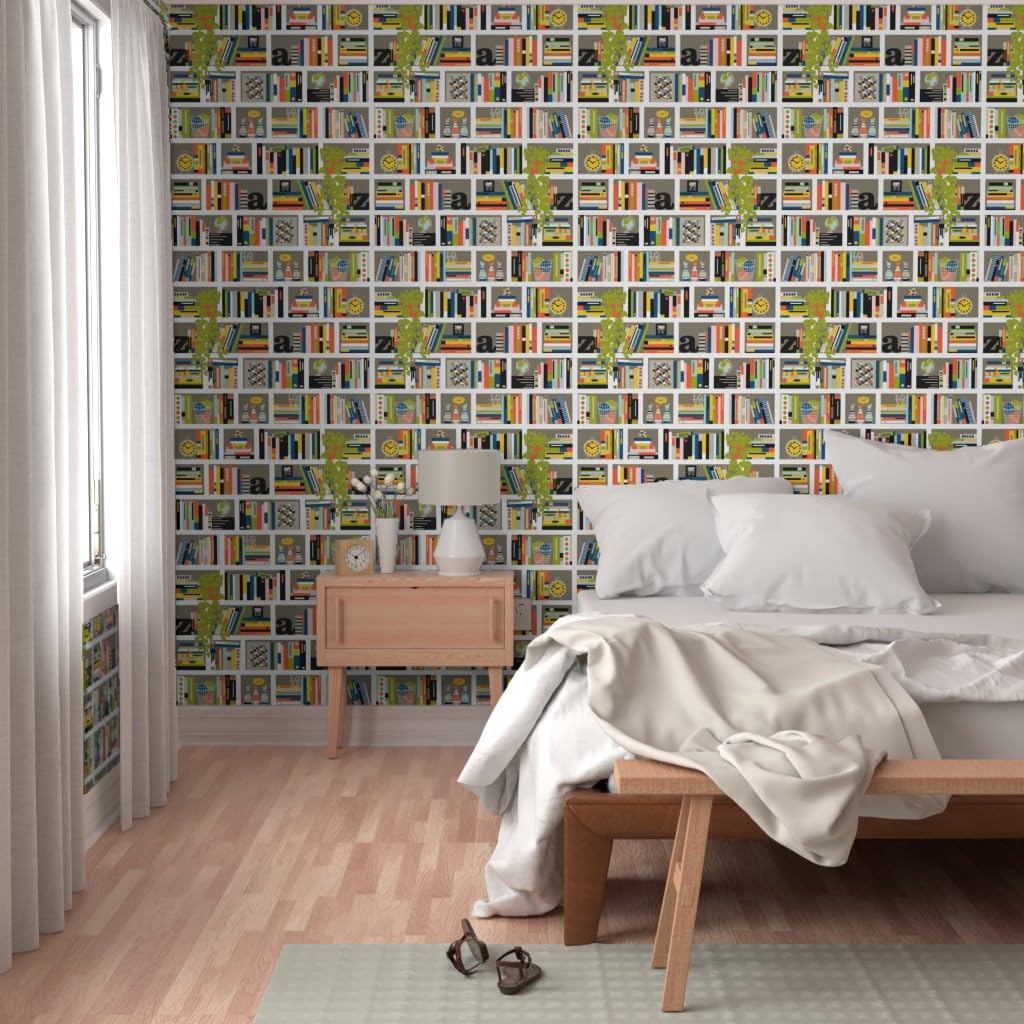 Peel & Stick Removable Wallpaper - 9ft x 2ft Bookshelf Design with Literature Typography & Plant Stripes | Self-Adhesive Wall Decor for Living Room, Bedroom, Office & Study | Easy to Apply & Remove